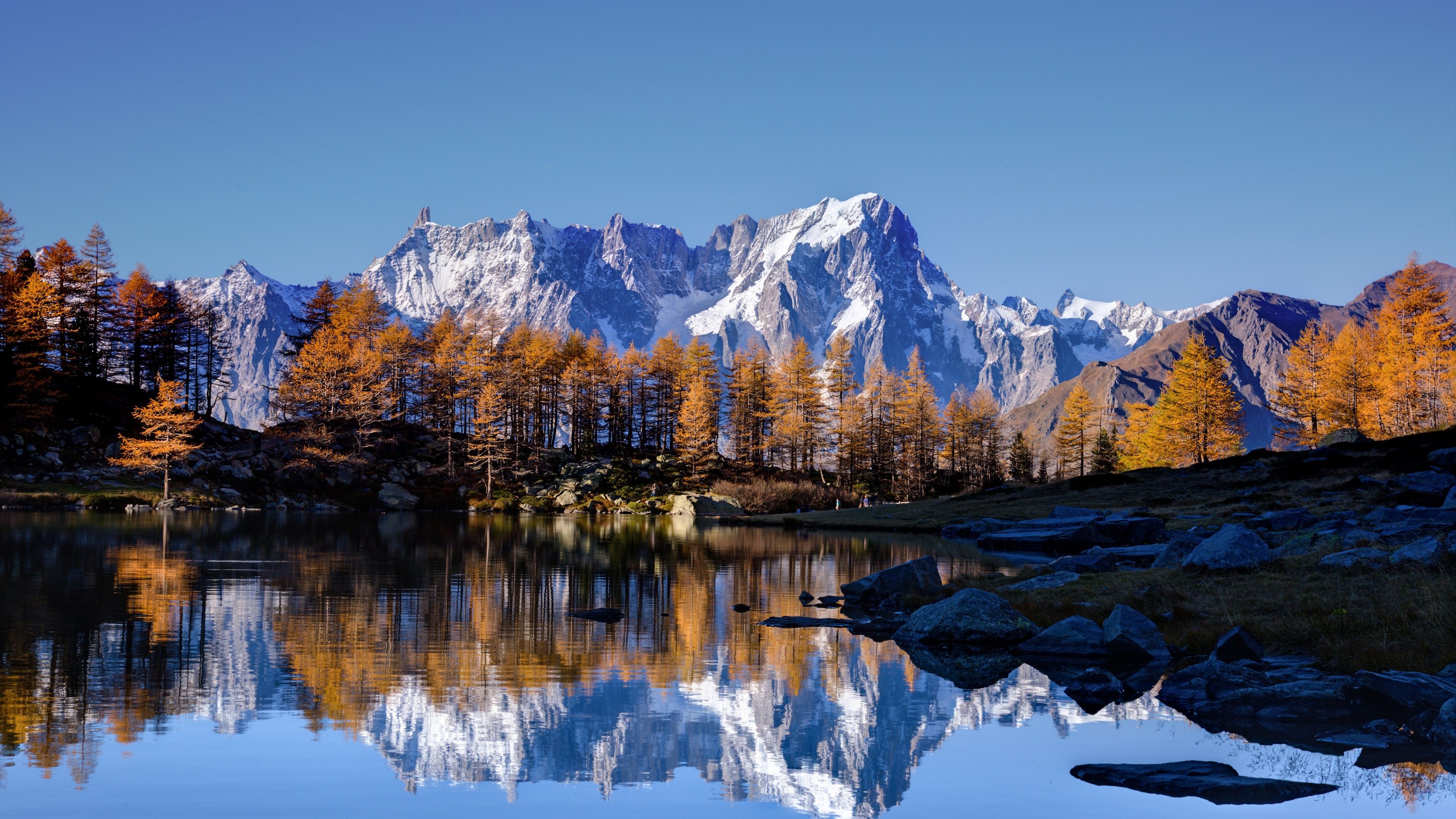 Wallpaper Mont Blanc, Autumn, Lake, White Mountain, Alps, HD, 5K, Nature,. Wallpaper for iPhone, Android, Mobile and Desktop