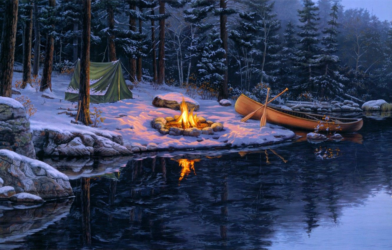 Wallpaper winter, forest, snow, lake, the moon, boat, spruce, the fire, tent, pine, painting, moose, Darrell Bush, late autumn, Back in the Pines image for desktop, section живопись