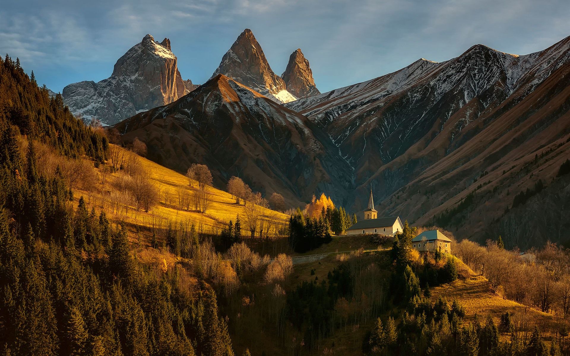 Wallpaper Alps, France, mountains, houses, trees, sun rays, slope, autumn 1920x1200 HD Picture, Image