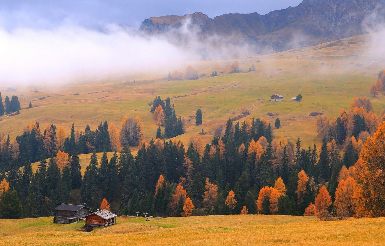 Wallpaper autumn, forest, landscape, mountains, fog, Alps, houses, meadows, beautifully, Wallpaper from lolita777 image for desktop, section пейзажи