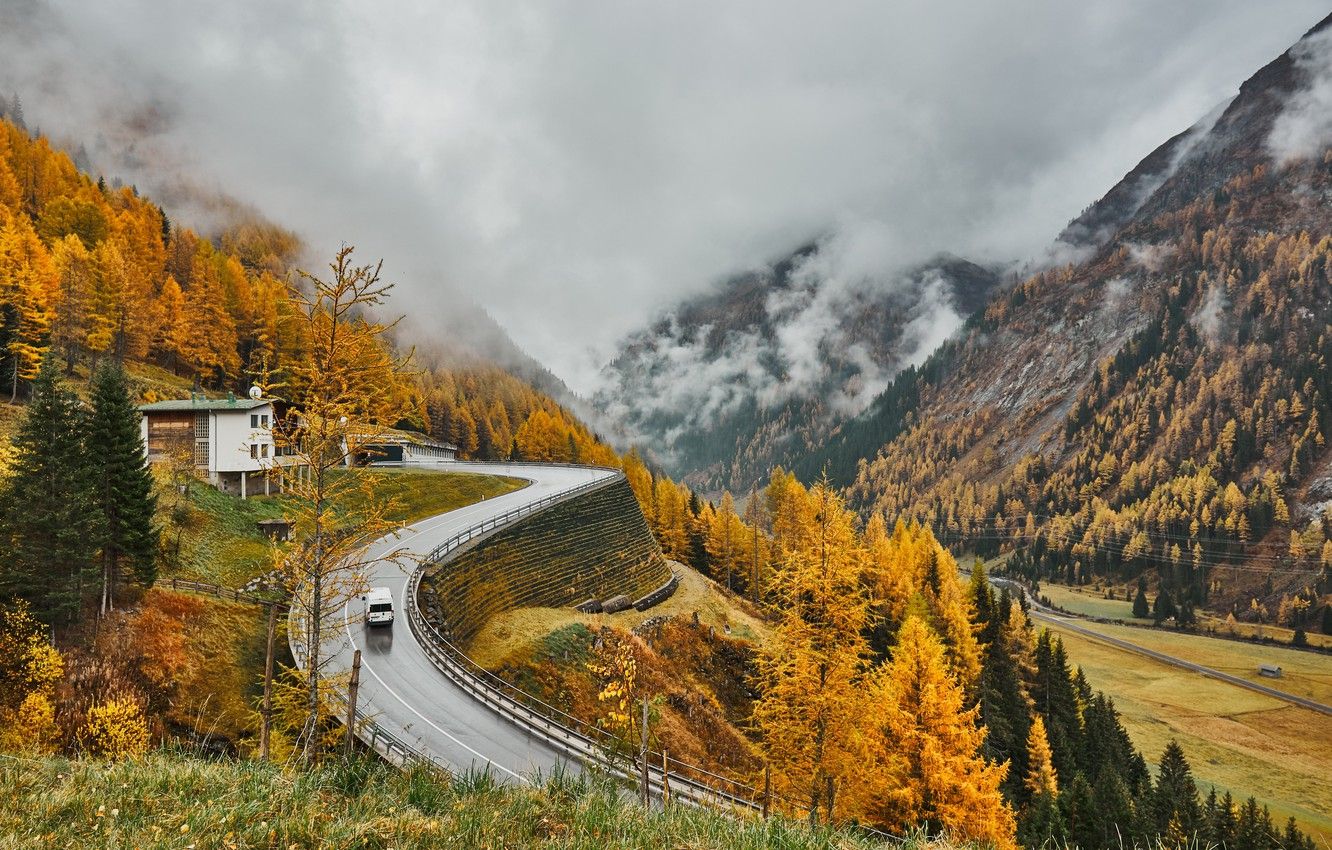 Wallpaper road, autumn, mountains, Austria, Alps, Autumn, Mountains, Austria, Roads, Alps Fog Nature image for desktop, section природа