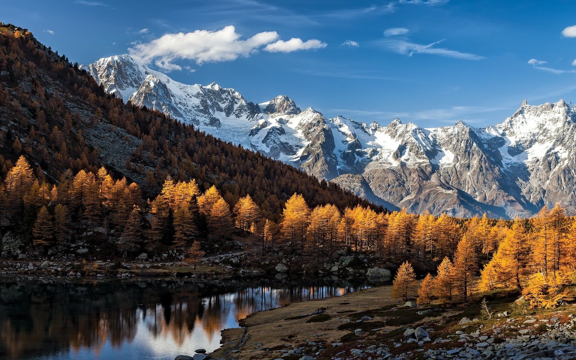 #Italy, #nature, #trees, #fall, #landscape, #forest, #Alps, #mountains, #lake, #snowy peak, wallpaper. Mocah.org HD Desktop Wallpaper