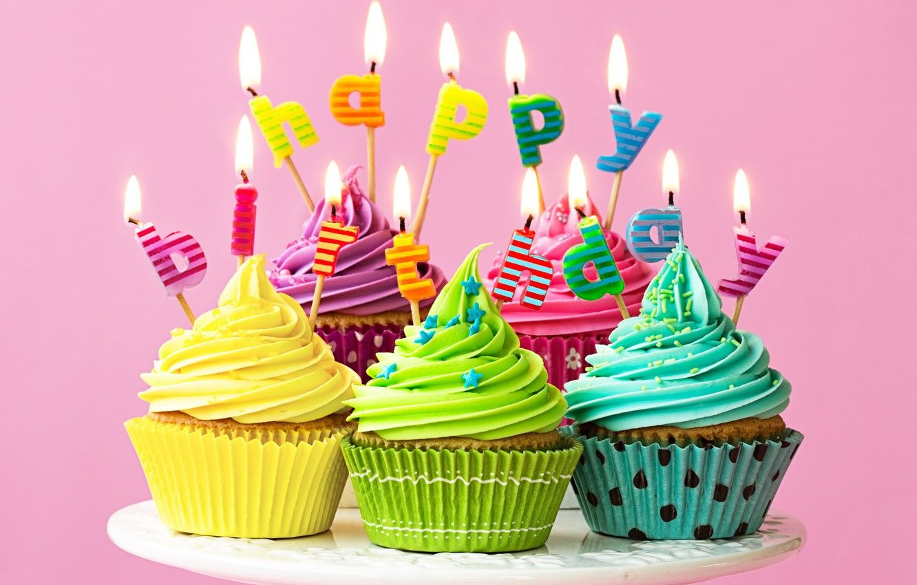 Wallpaper candles, colorful, rainbow, cake, cream, Happy Birthday, colours, cupcake, celebration, cupcakes, cream, decoration, candle, Birthday image for desktop, section праздники