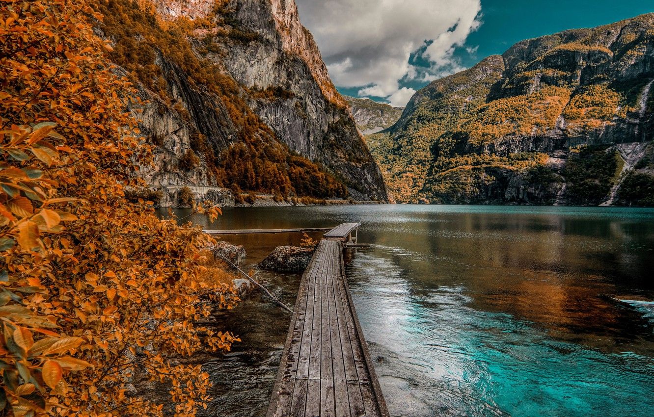 Wallpaper autumn, mountains, lake, pier, the bridge image for desktop, section пейзажи