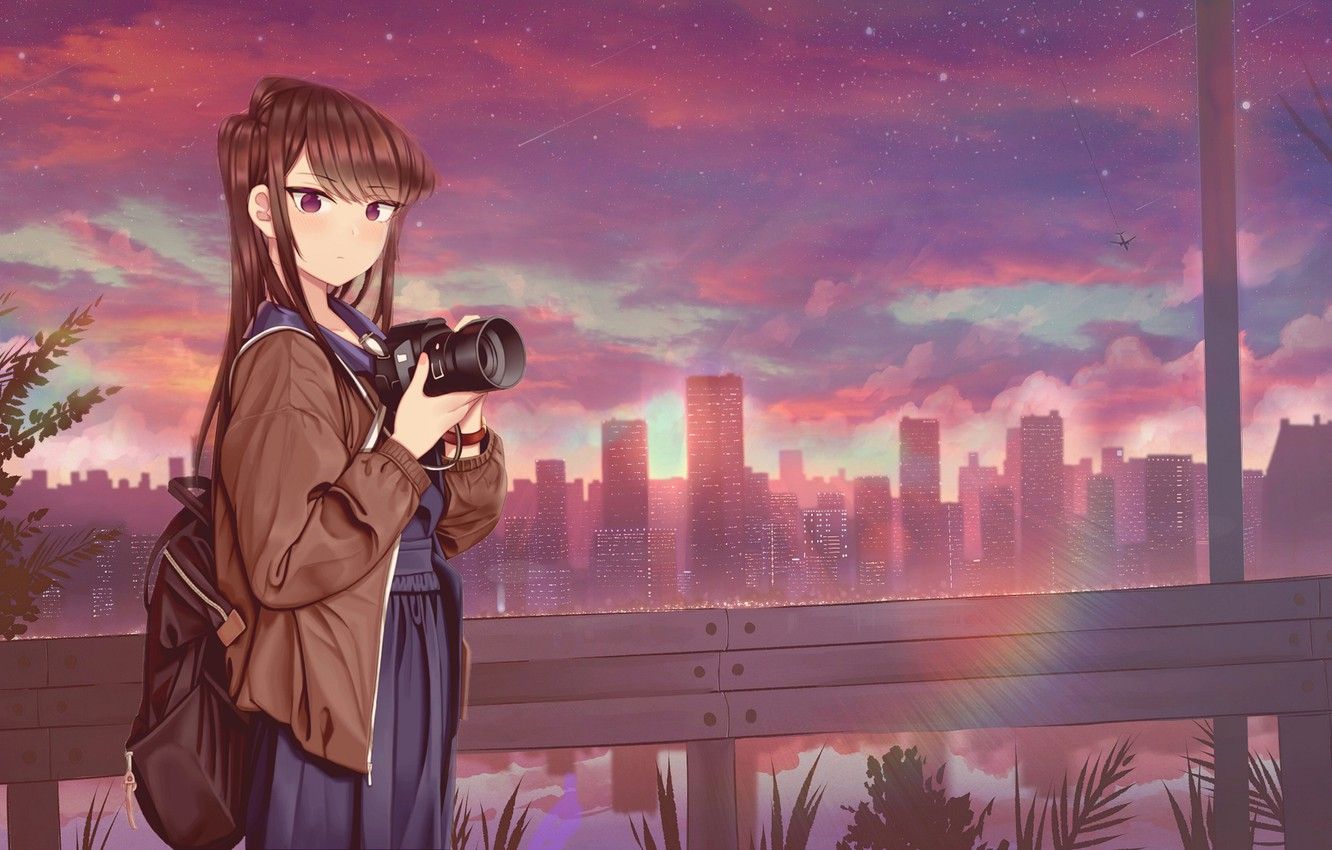 Wallpaper girl, sunset, the city, the camera, Komi Can't Communicate image for desktop, section сёдзё