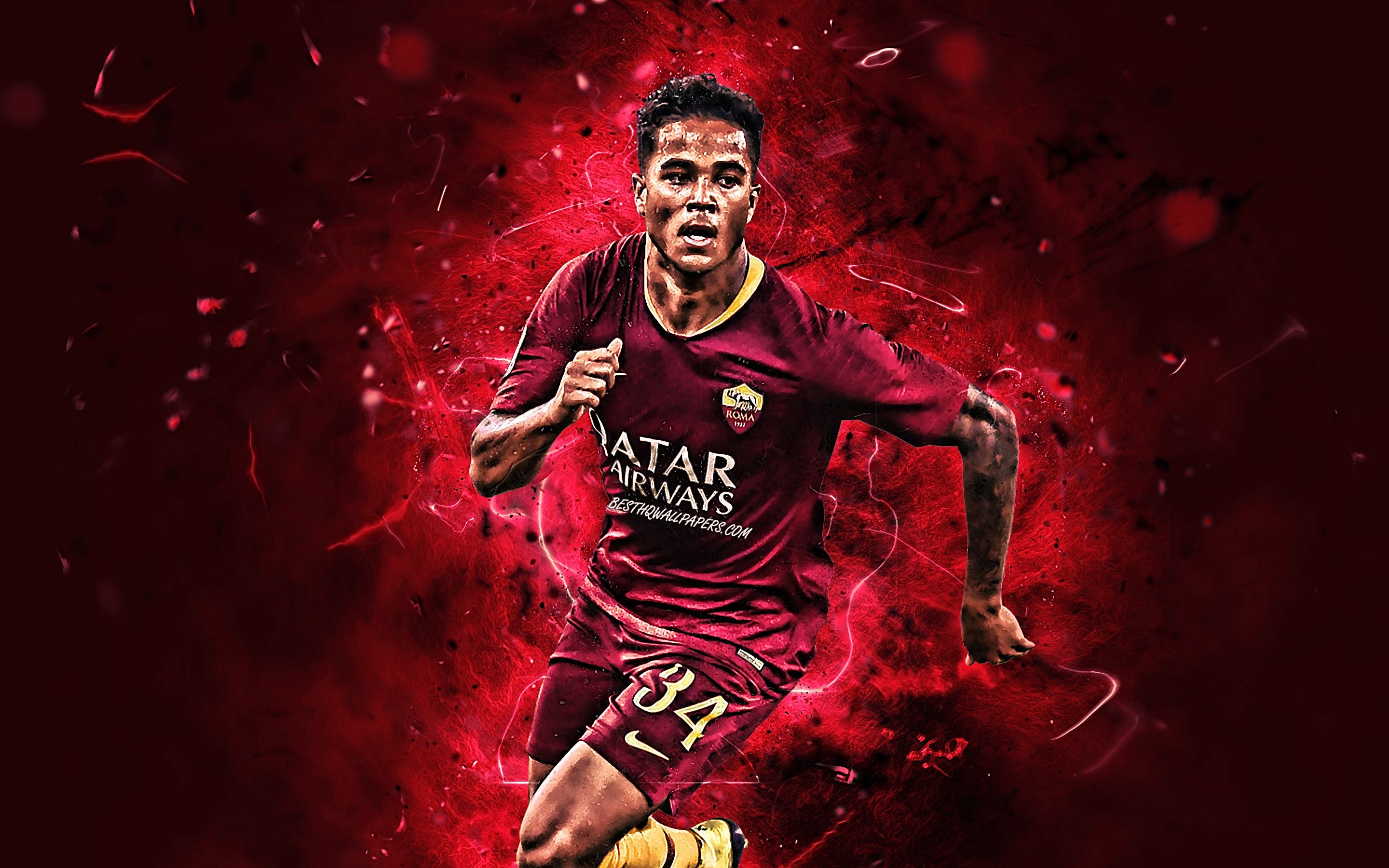Download wallpaper Justin Kluivert, Dutch footballers, AS Roma, Serie A, Kluivert, abstract art, neon lights, soccer, Roma FC, creative for desktop with resolution 2880x1800. High Quality HD picture wallpaper