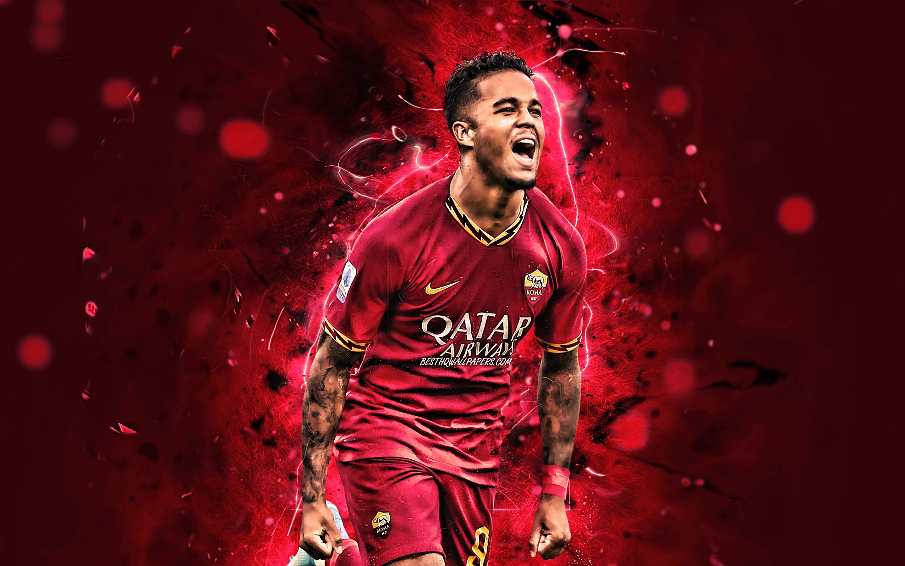 Download wallpaper Justin Kluivert, 2019, AS Roma, Serie A, goal, dutch footballers, soccer, Kluivert, neon lights, Roma FC, creative for desktop with resolution 2880x1800. High Quality HD picture wallpaper
