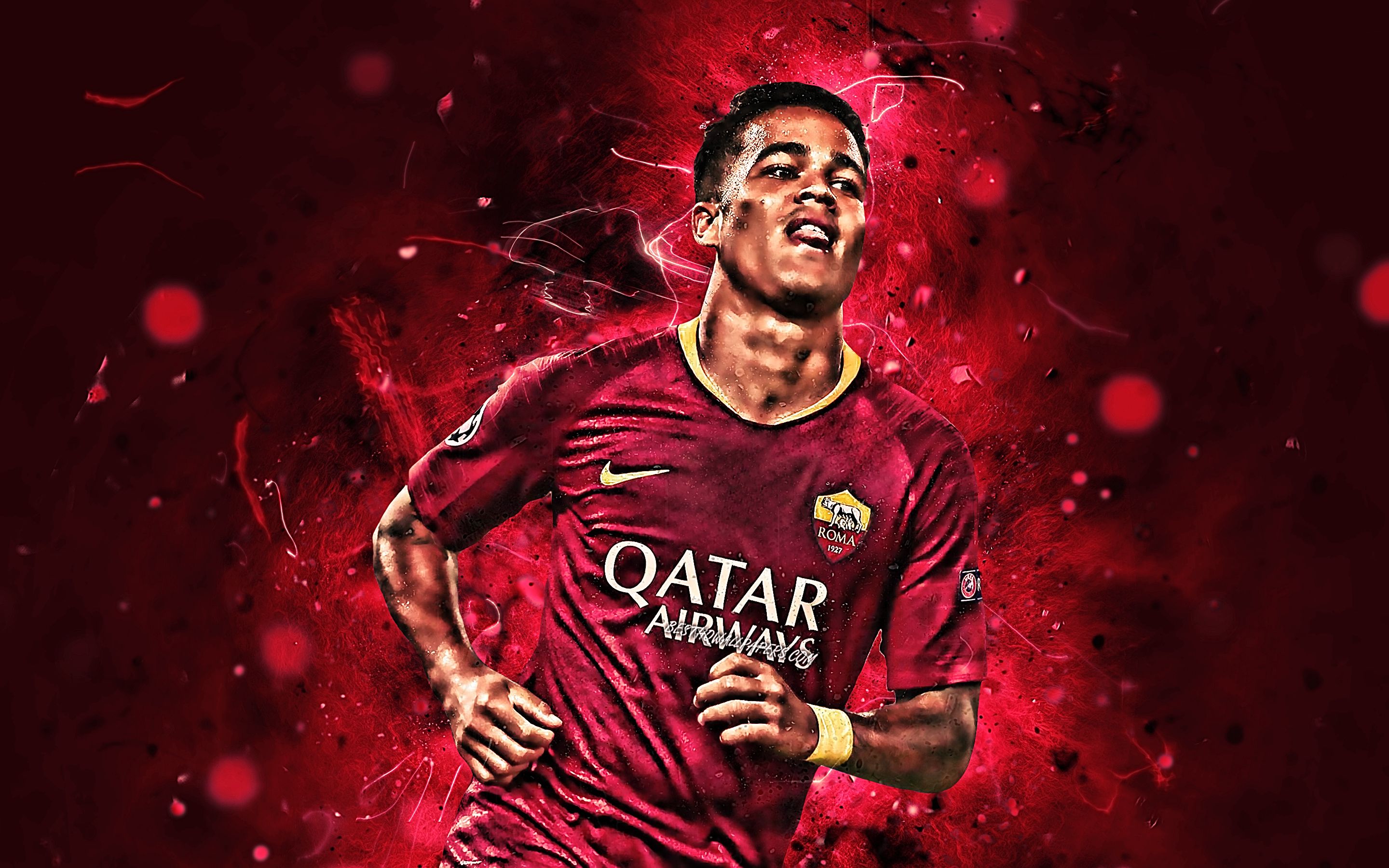 Download Wallpaper Justin Kluivert, Close Up, AS Roma, Dutch Footballers, Soccer, Serie A, Kluivert, Neon Lights, Roma FC, Creative, Italy For Desktop With Resolution 2880x1800. High Quality HD Picture Wallpaper