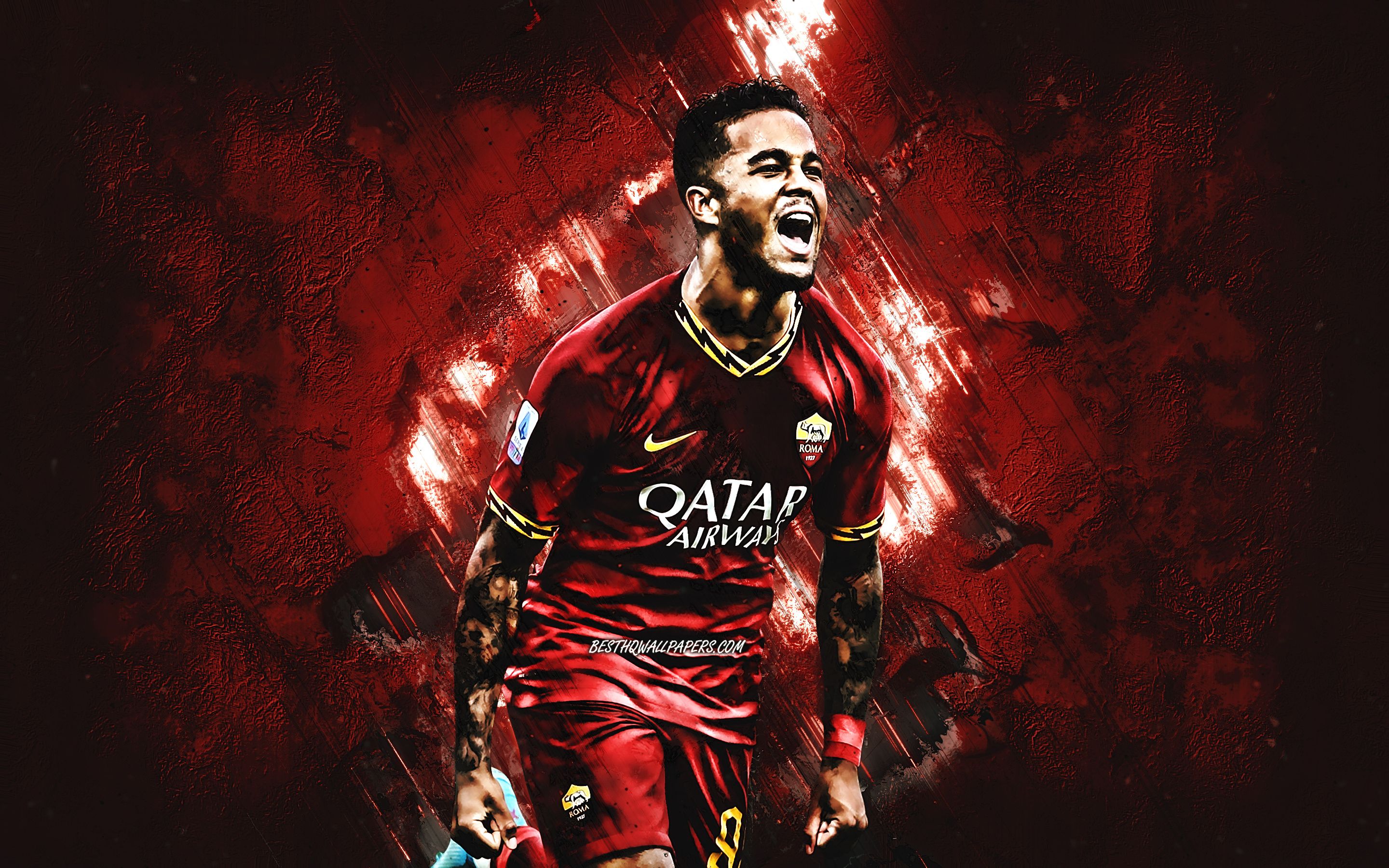 Download wallpaper Justin Kluivert, AS Roma, Dutch soccer player, portrait, Serie A, Italy, football, red stone background for desktop with resolution 2880x1800. High Quality HD picture wallpaper