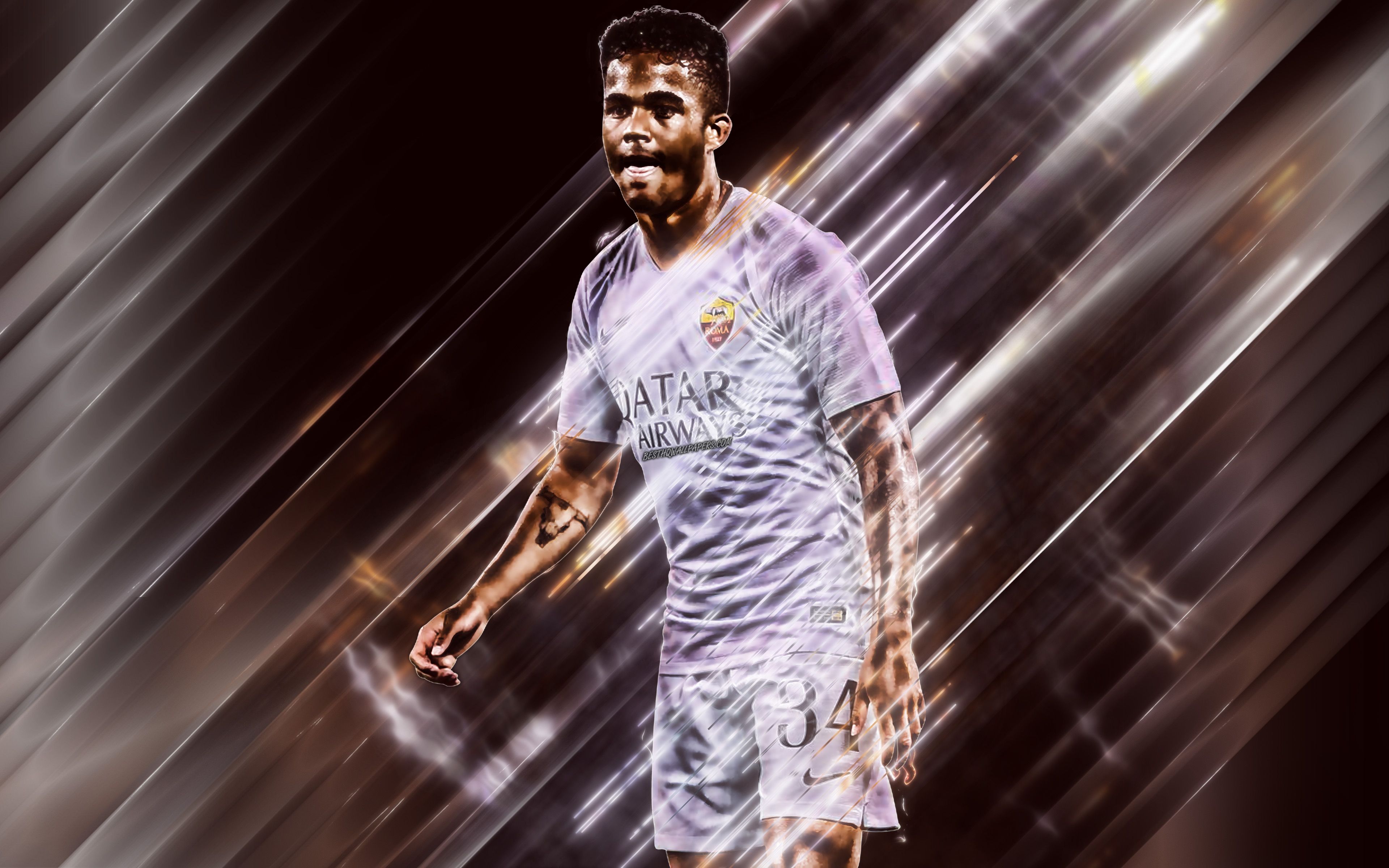 Download wallpaper Justin Kluivert, 4k, AS Roma, Netherlands footballer, creative art, blades style, Serie A, Italy, burgundy background, lines art, football, Kluivert for desktop with resolution 3840x2400. High Quality HD picture wallpaper