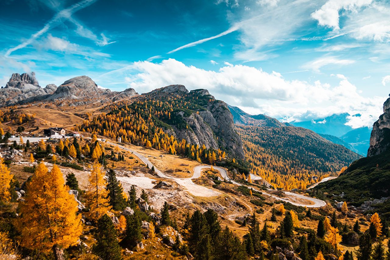 Picture Italy Falzarego Pass, Dolomites Autumn Nature mountain Roads