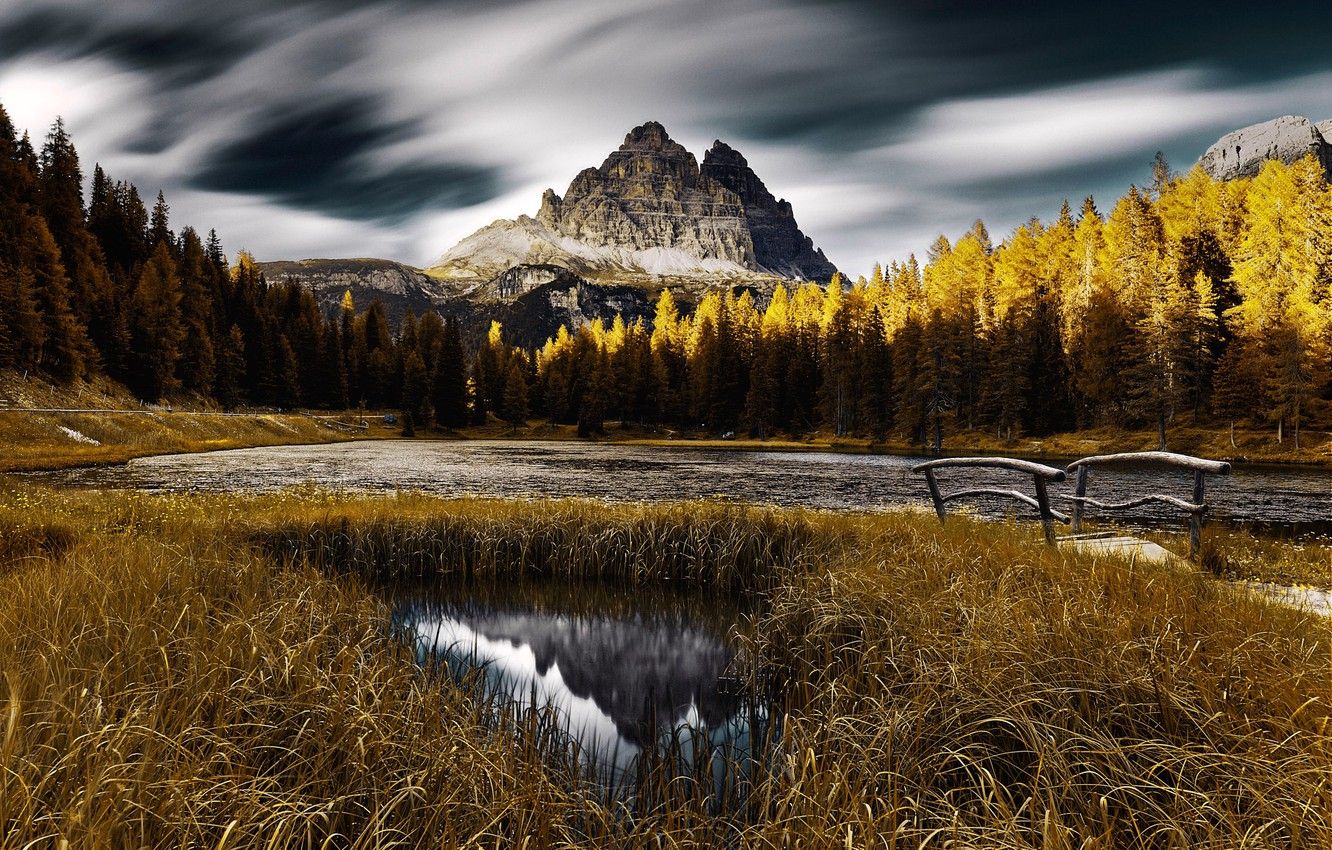 Wallpaper autumn, forest, trees, mountains, river, Italy, the bridge, The Dolomites image for desktop, section пейзажи
