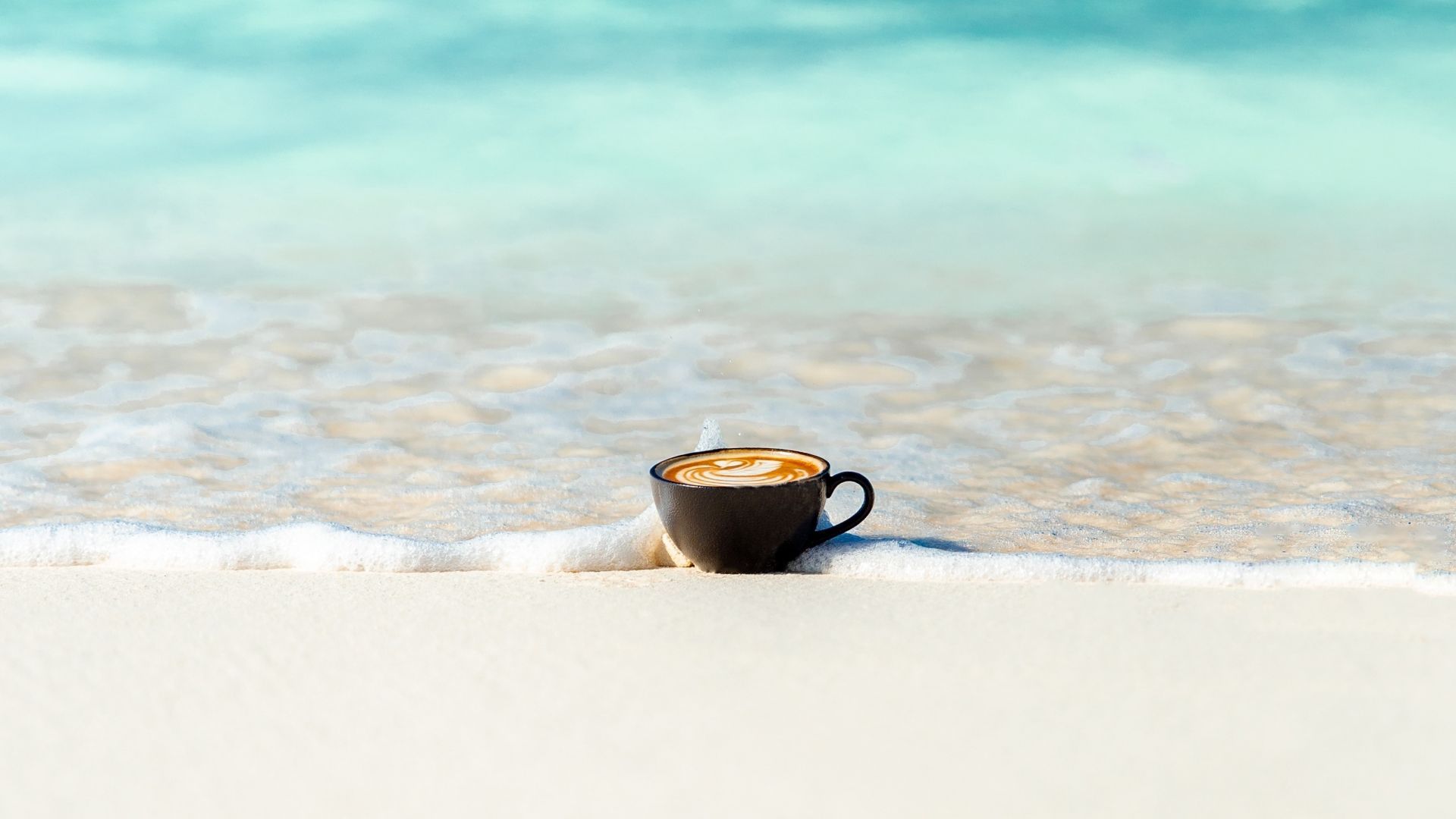 Desktop wallpaper coffee cup, beach, sea waves, soft, minimal, HD image, picture, background, 299a42