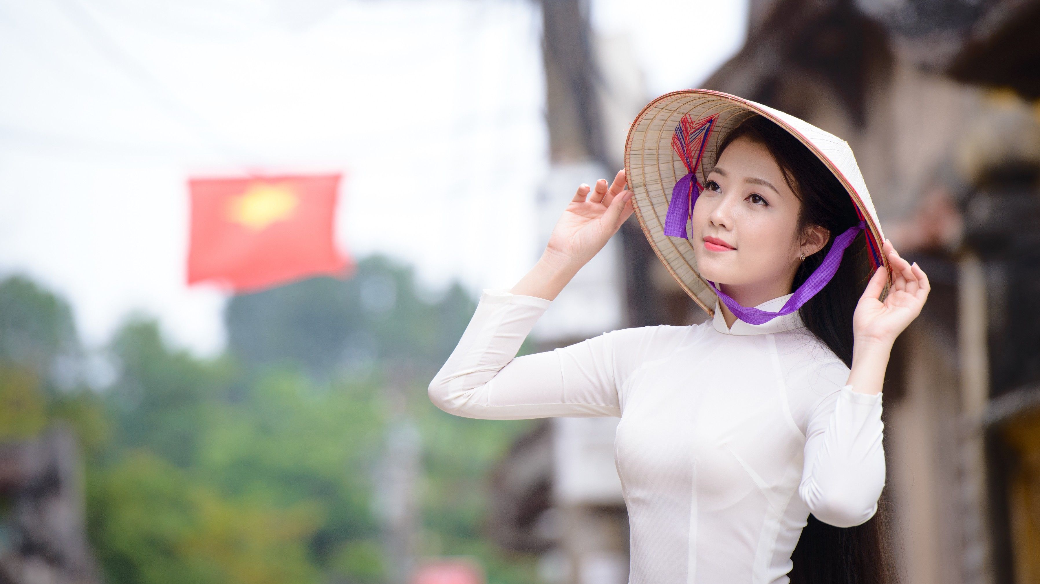 #hat, #white dress, #brown eyes, #brunette, #arms up, #Asia, #áo dài, #Vietnam, #standing, #vietnamese, #women, #looking away, #nón lá, wallpaper. Mocah.org HD Desktop Wallpaper