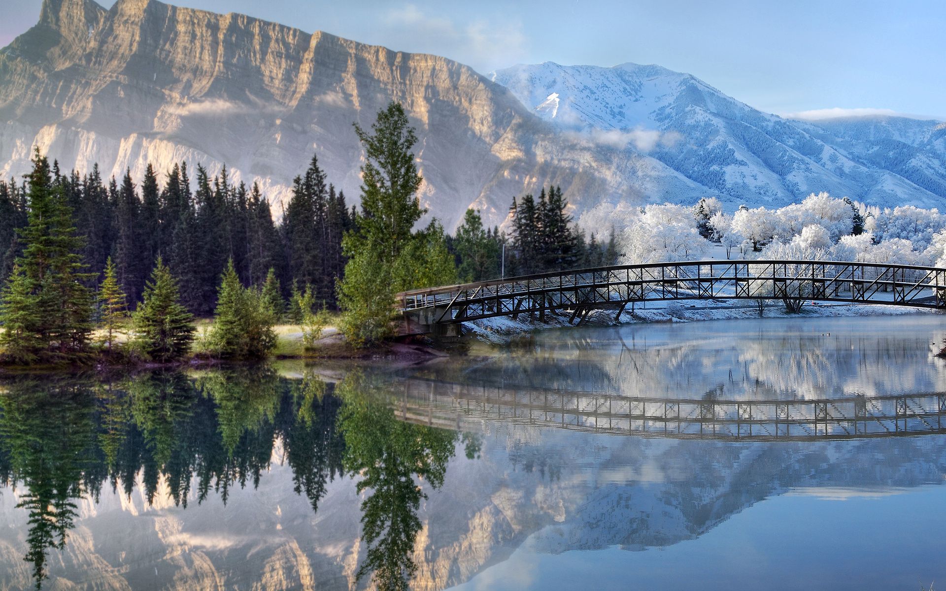 Landscapes mountains lakes rivers reflection trees forest water snow winter architecture bridges wallpaperx1200