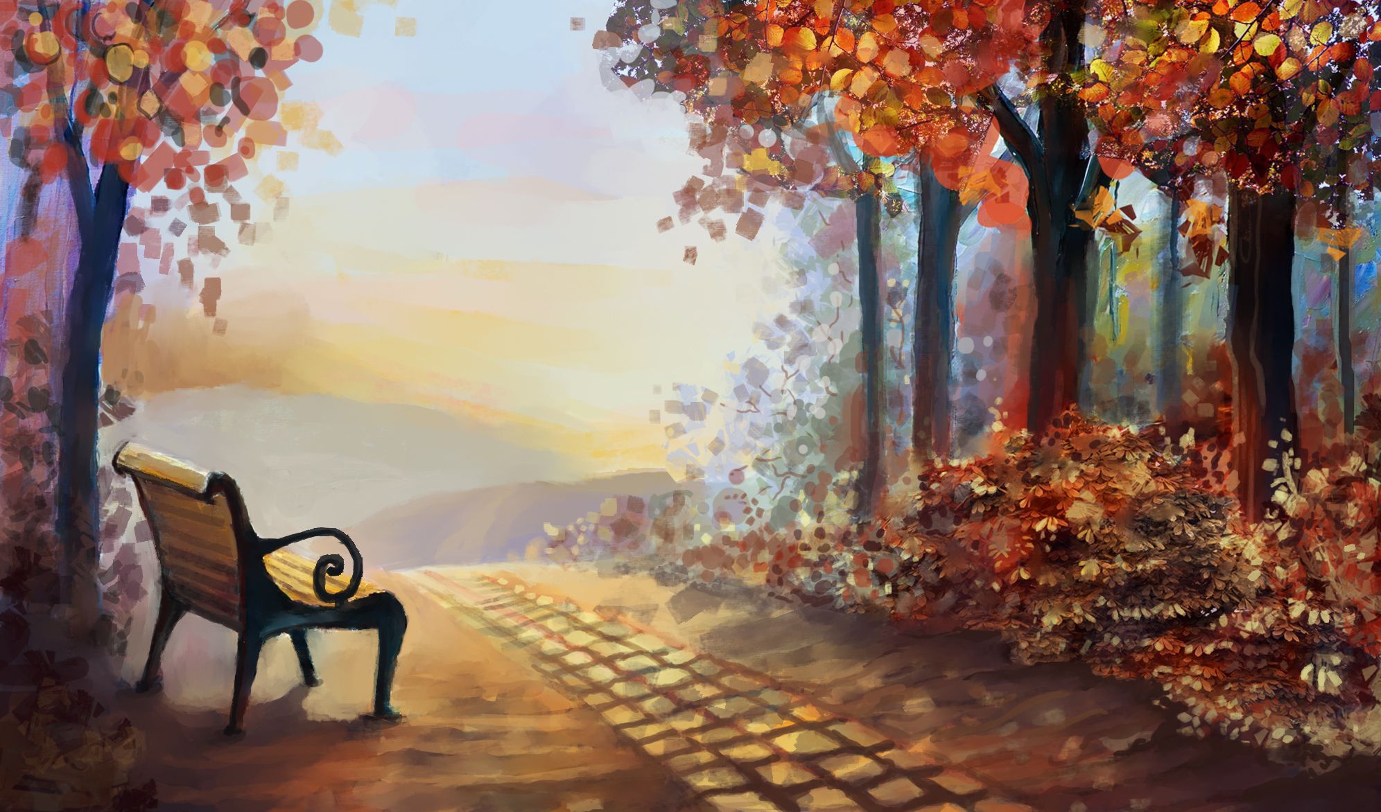 autumn, bench, fall, nature, trees, autumn splendor, leaves, Alley wallpaper