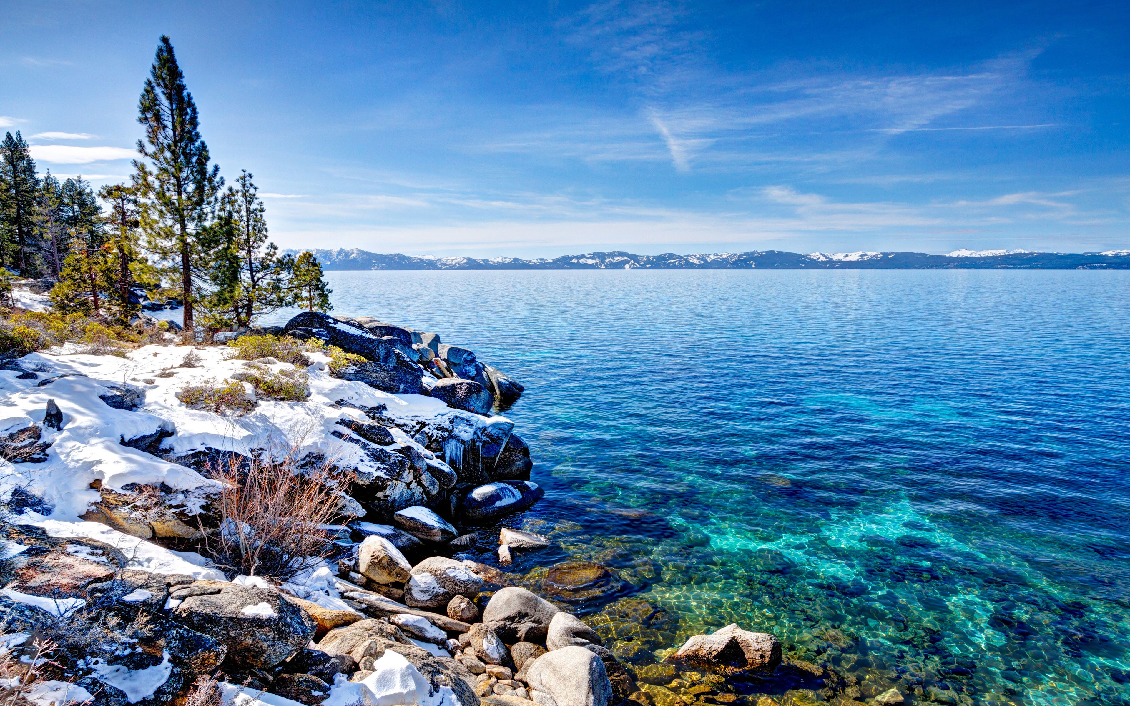 Download wallpaper Lake Tahoe, 4k, mountain lake, winter, coast, Emerald Bay State Park, USA, California for desktop with resolution 3840x2400. High Quality HD picture wallpaper