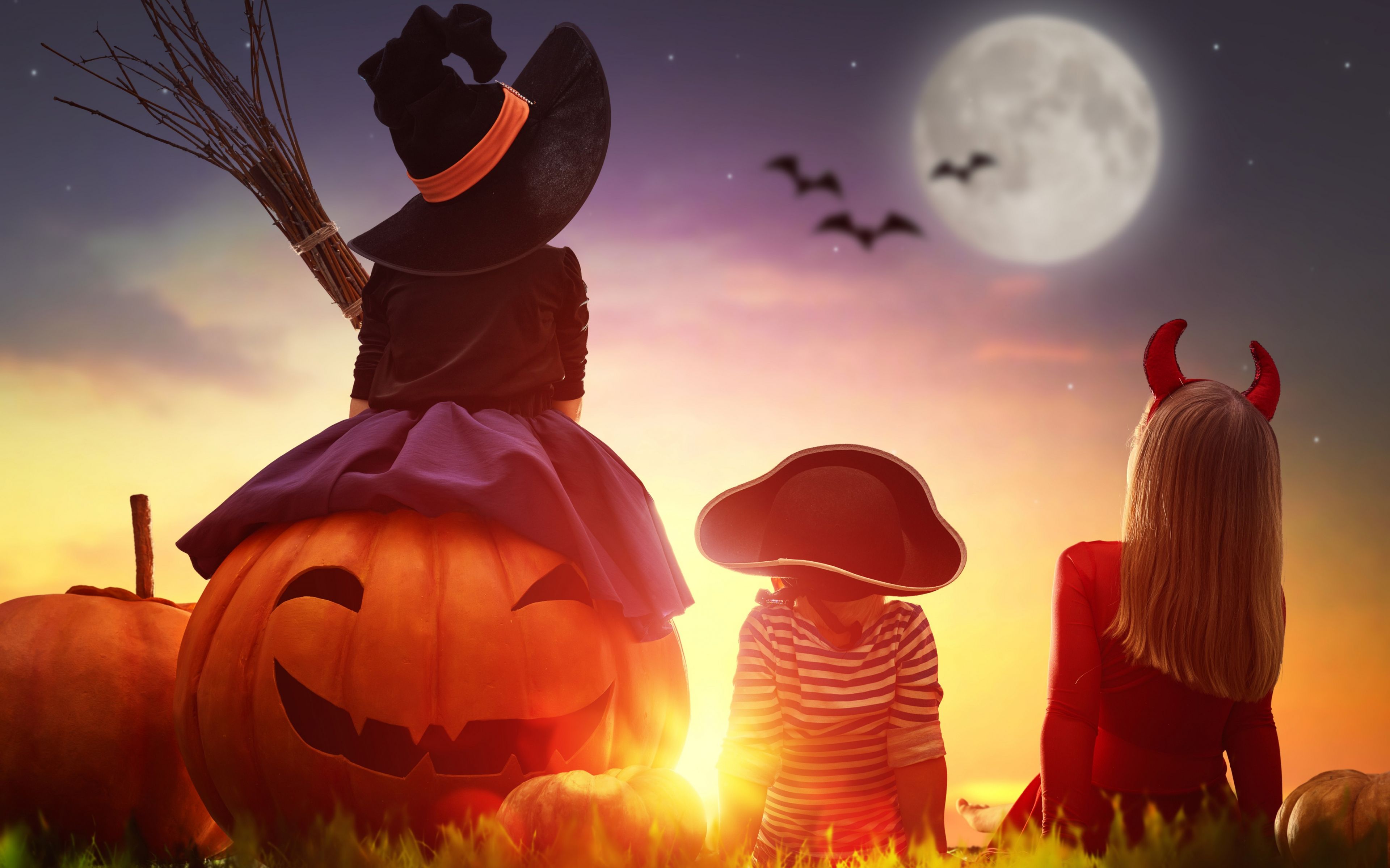 Desktop Wallpaper Kids, Pumpkin, Halloween, Costume, Sunset, 4k, HD Image, Picture, Background, 489cb0