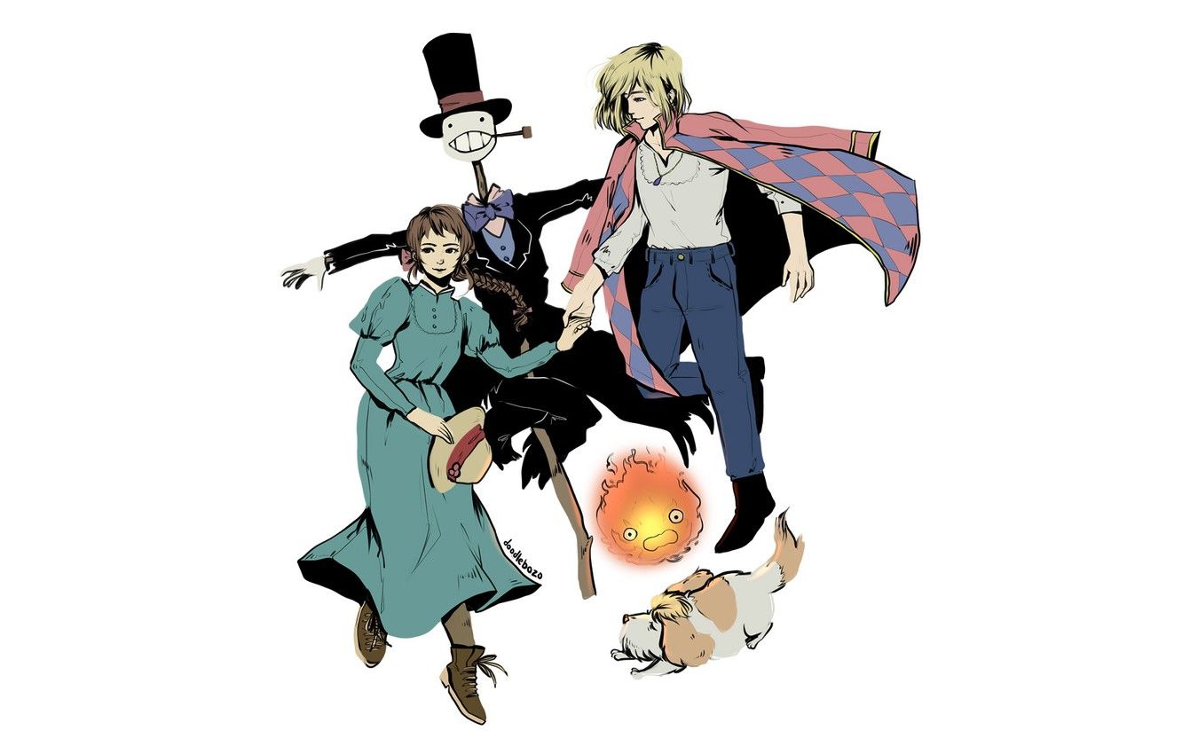 Wallpaper girl, fire, dog, anime, art, guy, Sophie, characters, Scarecrow, Howl's moving castle, Howl's Moving Castle, Howl, Turnip, by doodlebozo, Calcifer, Hin image for desktop, section сёдзё