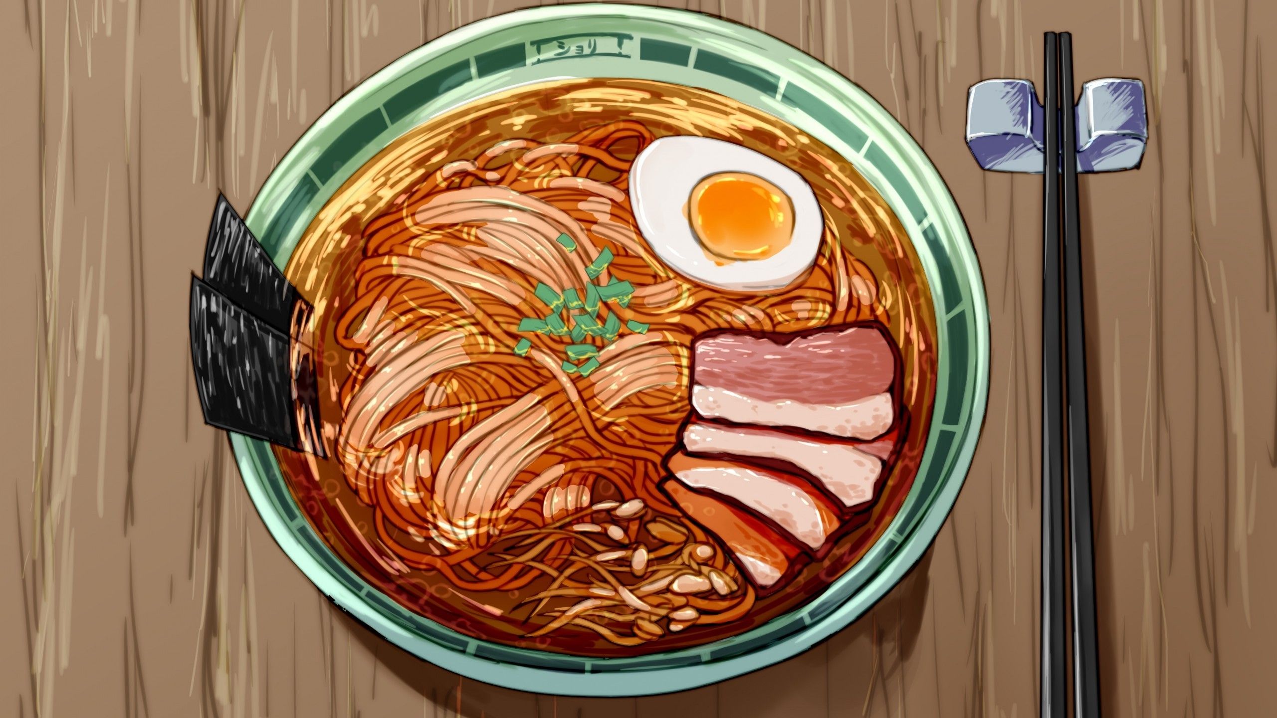 Download 2560x1440 Anime Ramen, Delicious, Chopsticks, Egg, Meat Wallpaper for iMac 27 inch