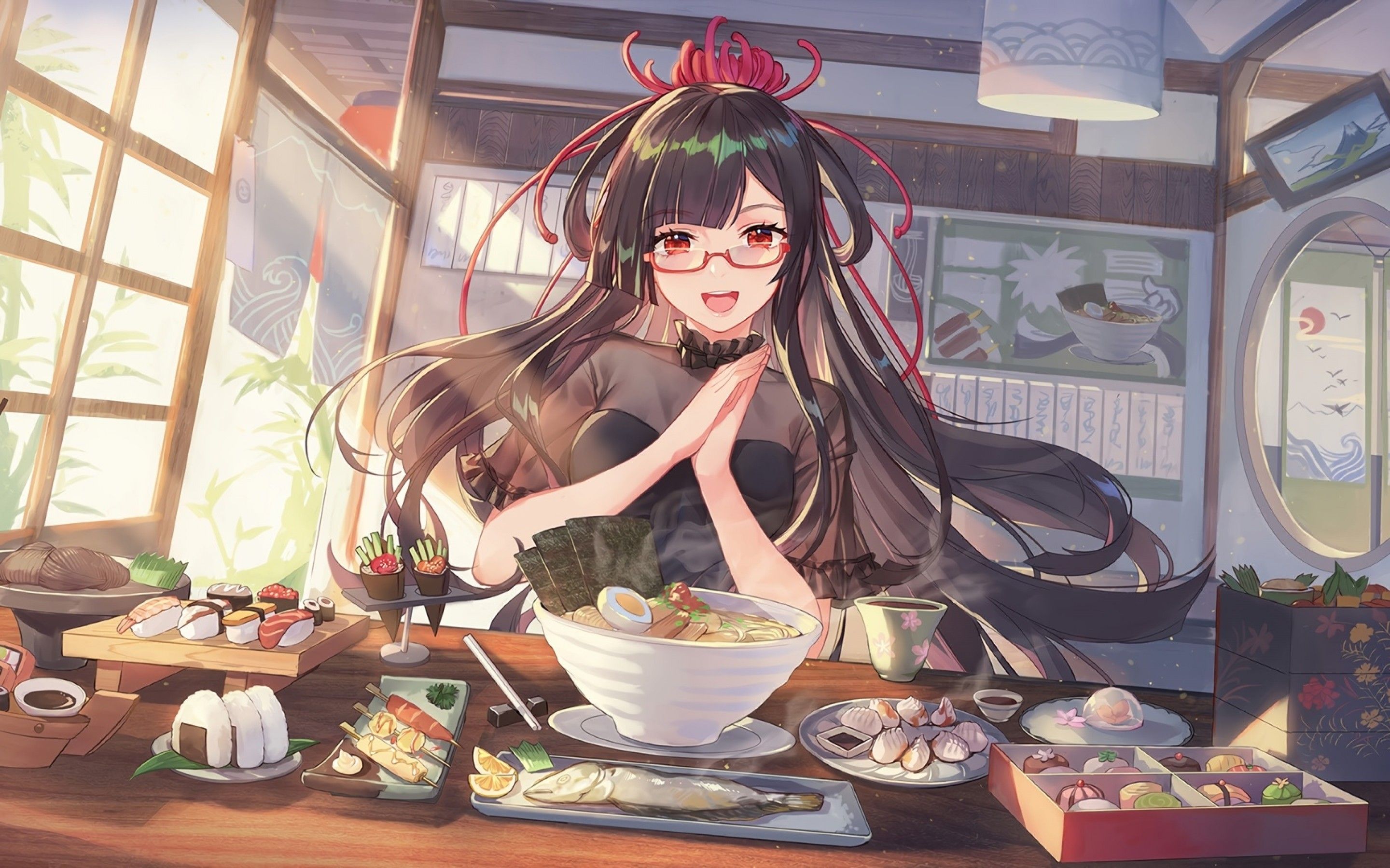 Download 2880x1800 Meganekko, Anime Girl, Cooking, Ramen, Long Hair, Food, Onigiri Wallpaper for MacBook Pro 15 inch