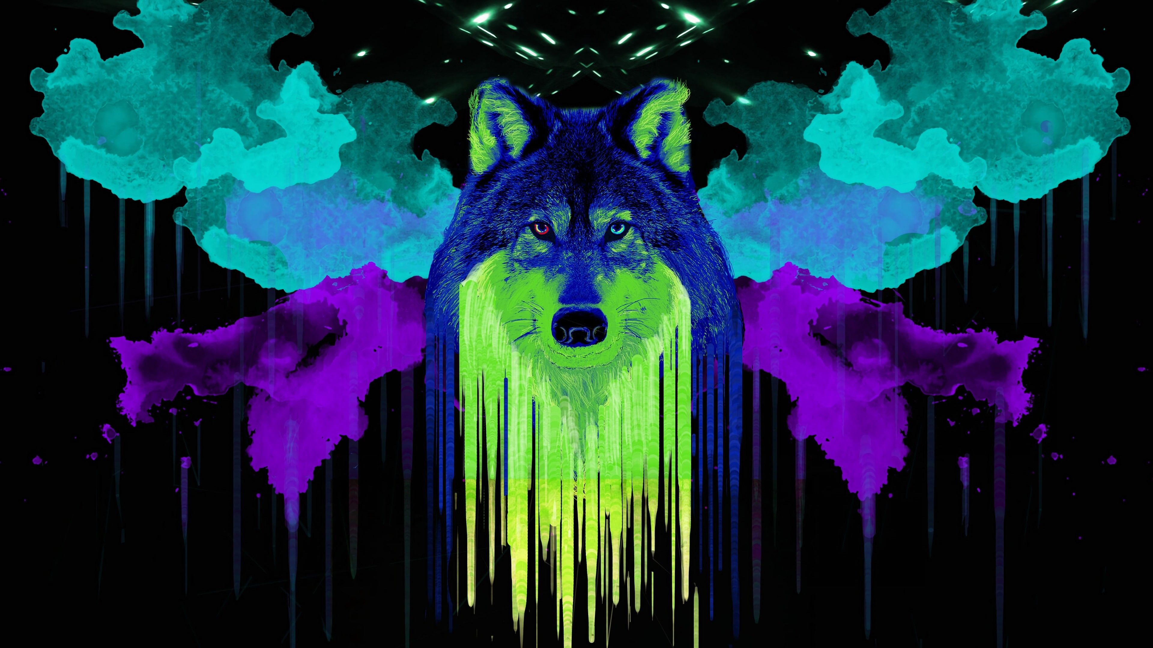 Wolf 4K Wallpaper, Artwork, Neon, Black background, Watercolors, Painting, Graphics CGI