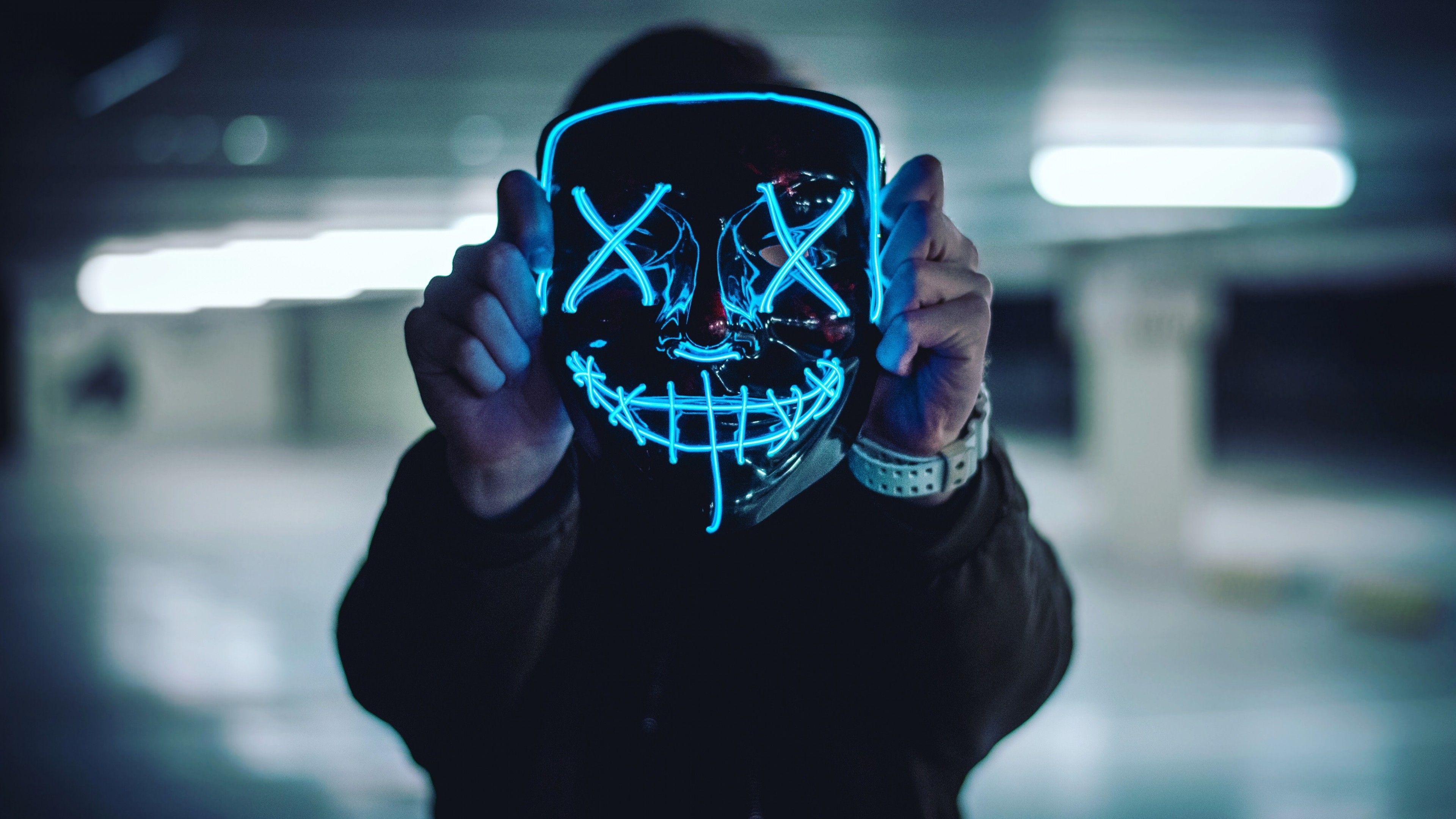 Neon Mask 4K Wallpaper, Blue Lights, Portrait, Anonymous, Face Mask, Photography