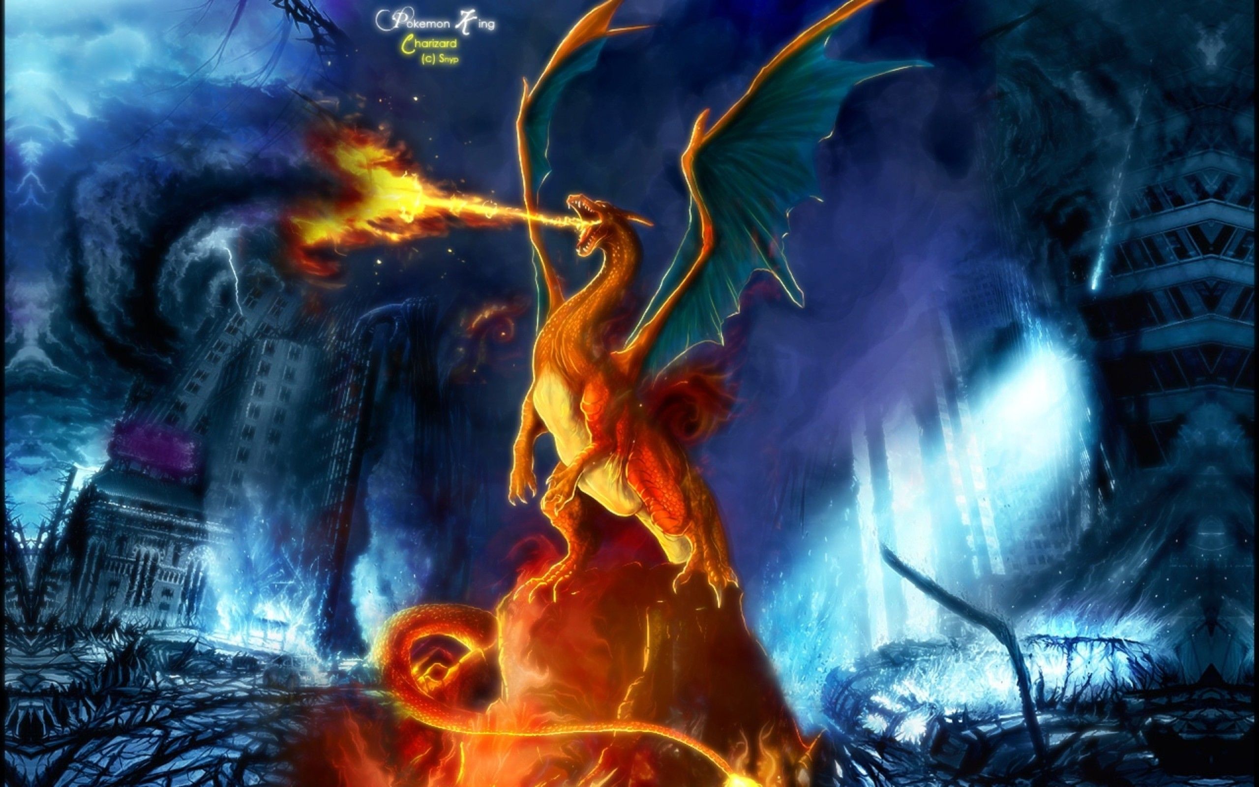 Download 2560x1600 Fire Breathing Dragon In The City, Pokemon Wallpaper