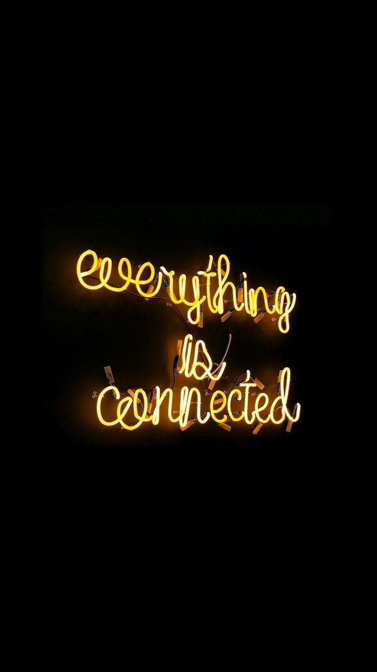 Everything Is Connected 4K Wallpaper, Neon Sign, Black Background, Yellow, Black Dark