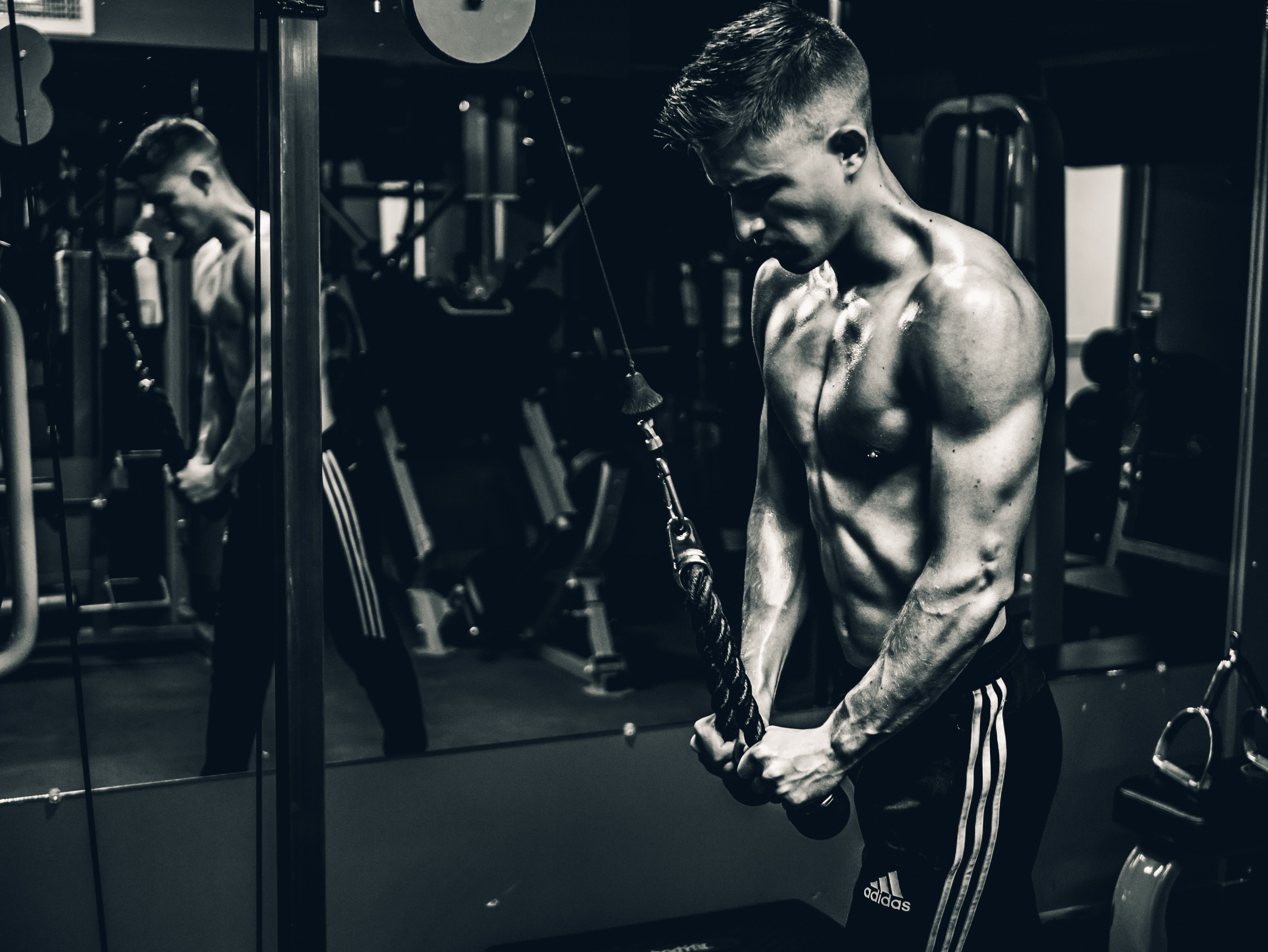 4592x3448 #workout, #strong, #Free image, #chest, #no shirt, # fitness, #reflection, #man, #gym, #time, #training, #black and white, #curl, #muscles, #never give up, #adidas, #mirror, #tricep, #dedication, #exercise. Mocah HD Wallpaper