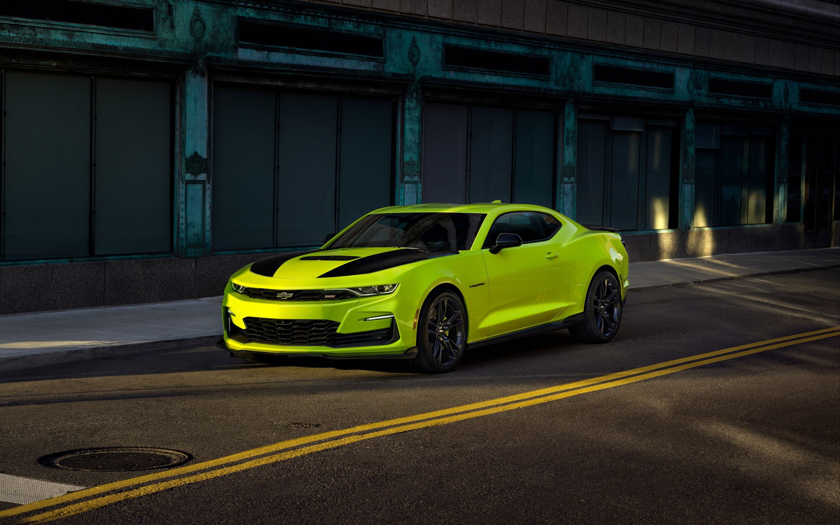 Download wallpaper Chevrolet Camaro SS, Shock Concept, green sports coupe, tuning Camaro, American sports cars, Chevrolet for desktop with resolution 2880x1800. High Quality HD picture wallpaper