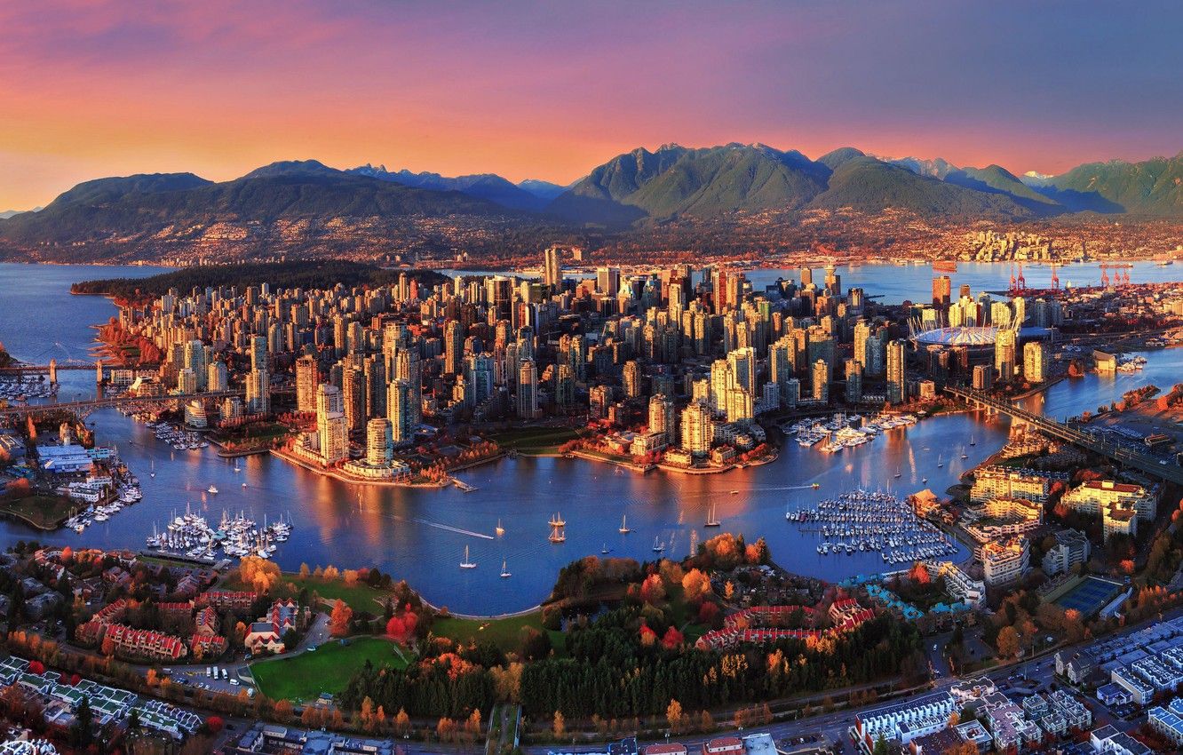 Wallpaper city, forest, Canada, sky, trees, sea, landscape, sunset, mountains, bridges, boats, buildings, Vancouver, skyscrapers, ships, bay image for desktop, section город
