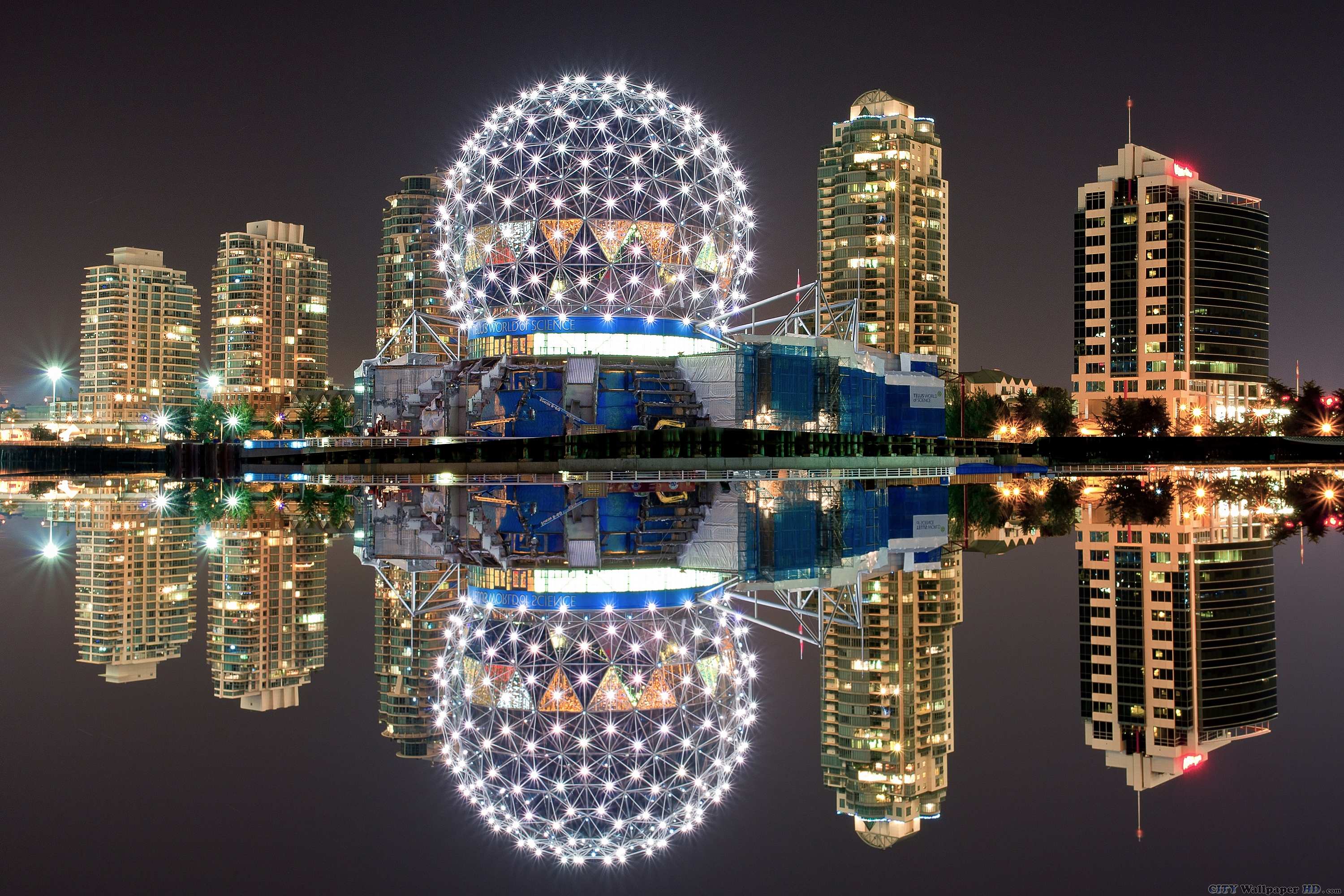 Vancouver wallpaper. Background cities for PC. Vancouver, Canada, buildings, night, lights, reflection, water
