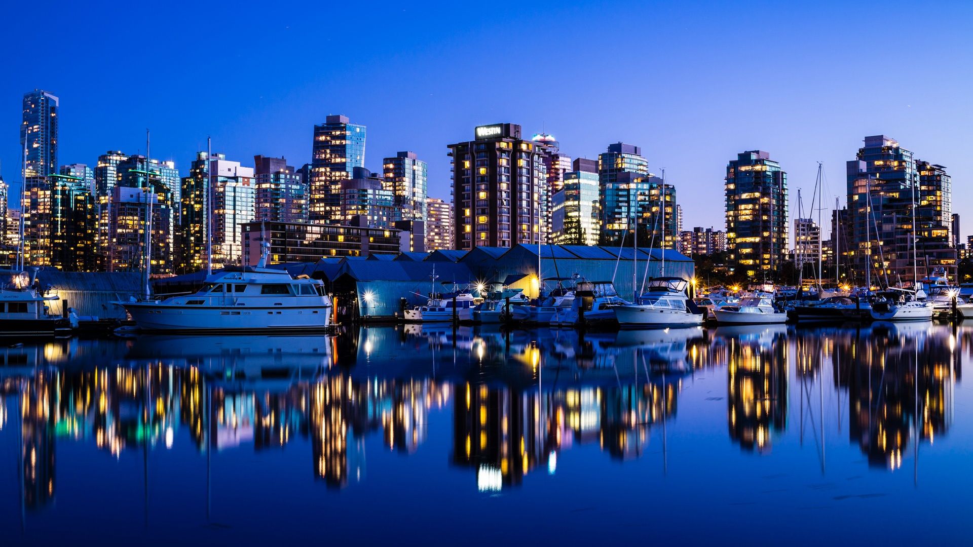 Free download Vancouver Canada city night lights buildings sea yacht reflection [1920x1080] for your Desktop, Mobile & Tablet. Explore Wallpaper Vancouver BC. Vancouver Desktop Wallpaper, Vancouver Skyline Wallpaper, Crown Wallpaper Vancouver