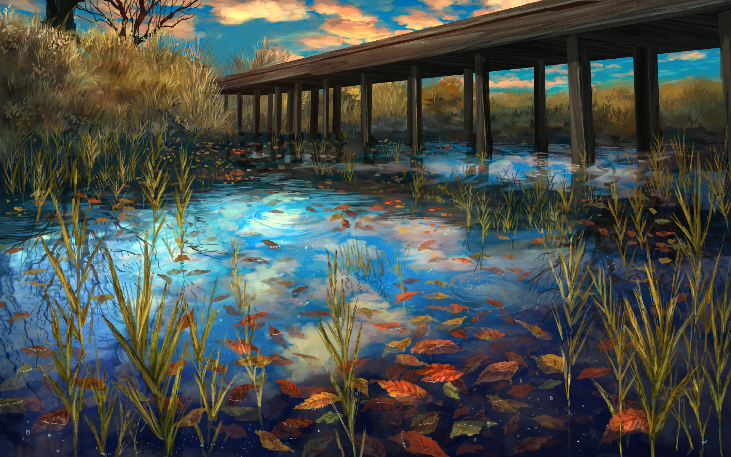 Download 2880x1800 Anime Landscape, River, Bridge, Autumn, Scenic Wallpaper for MacBook Pro 15 inch