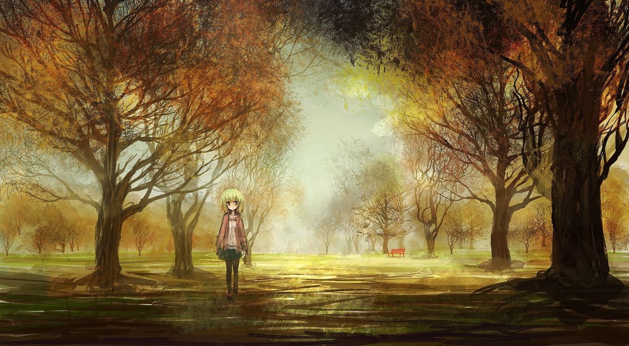 Original art girl landscapes anime trees park autumn fall wallpaperx1058