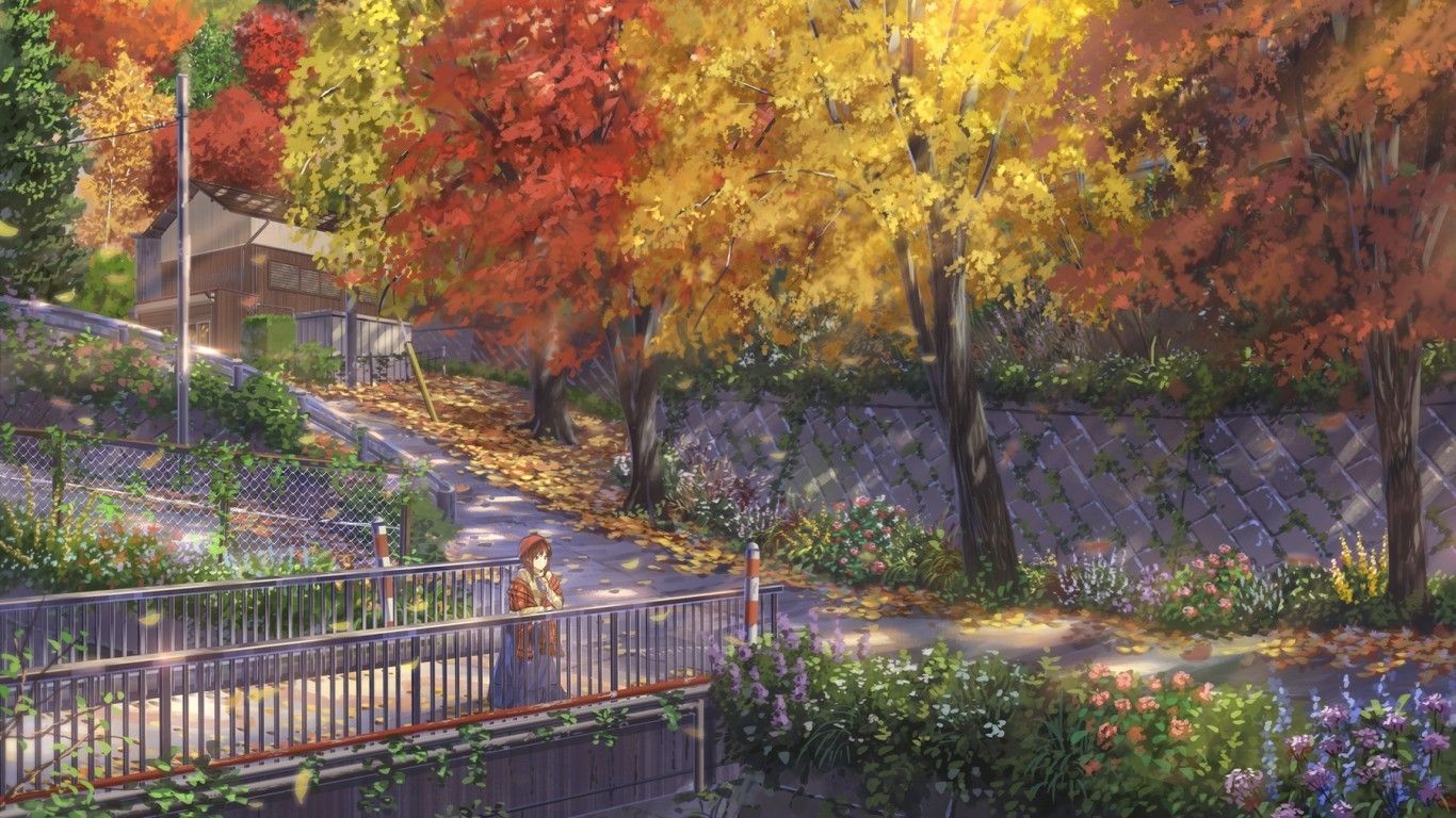 Download 1366x768 Anime Streets, Landscape, Scenic, Autumn, Girl, Bridge, Flowers Wallpaper for Laptop, Notebook