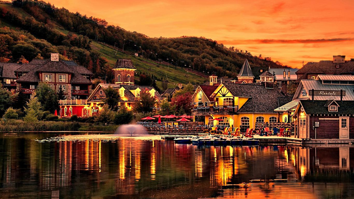 Rating background, The lake in the village, p > 1366x768