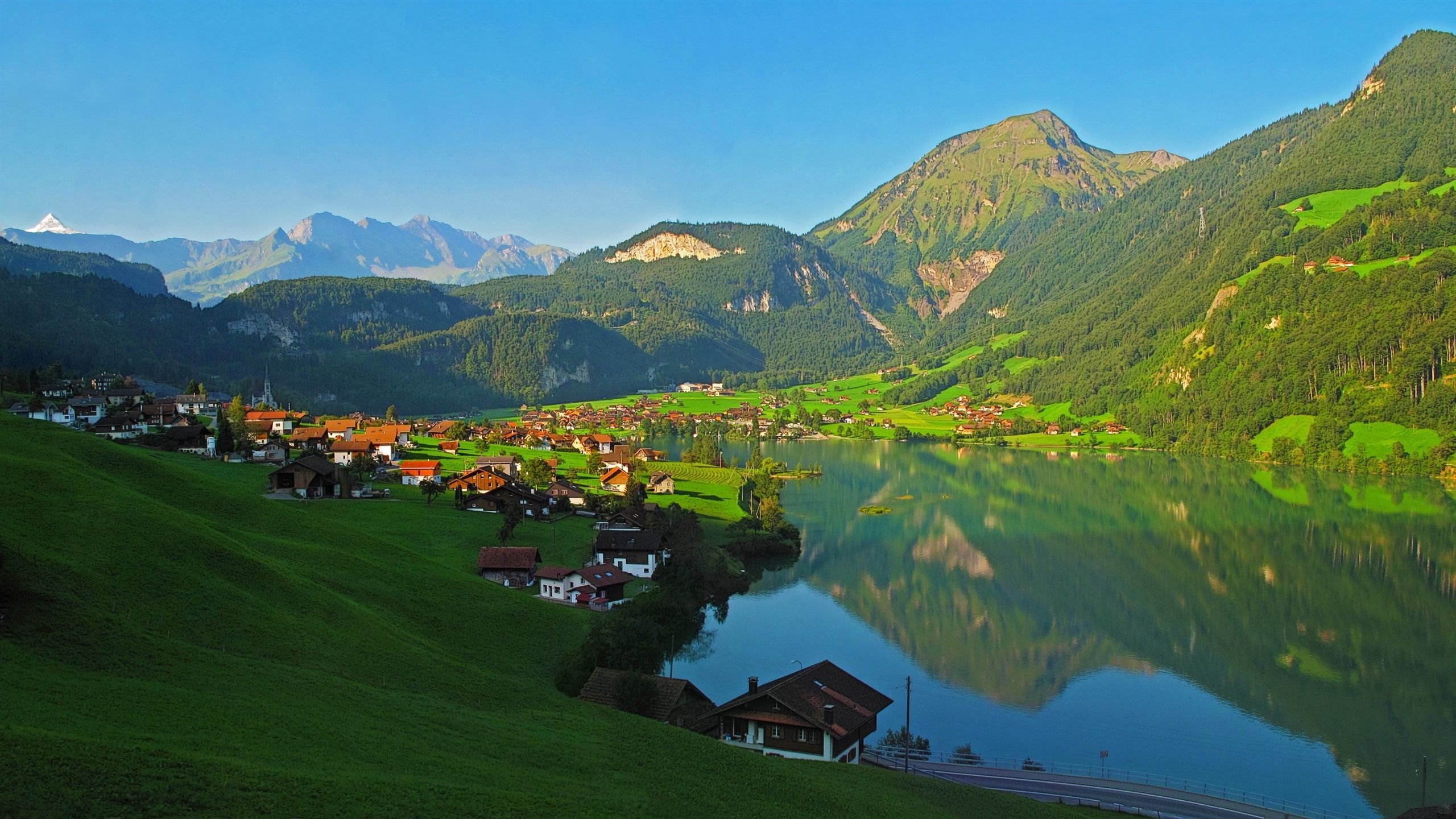 Wallpaper Switzerland, mountains, lake, village 2560x1600 HD Picture, Image