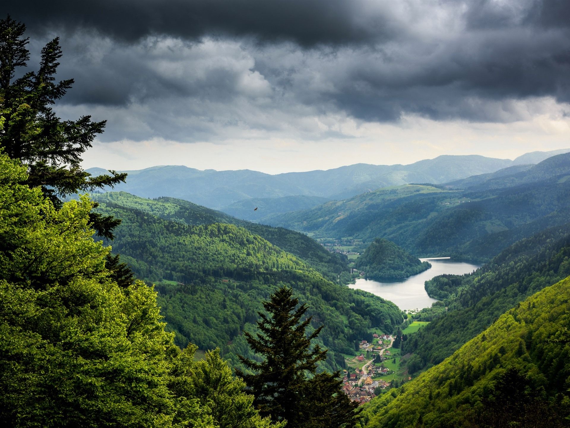 Wallpaper Green mountains, lake, village, clouds 2560x1600 HD Picture, Image