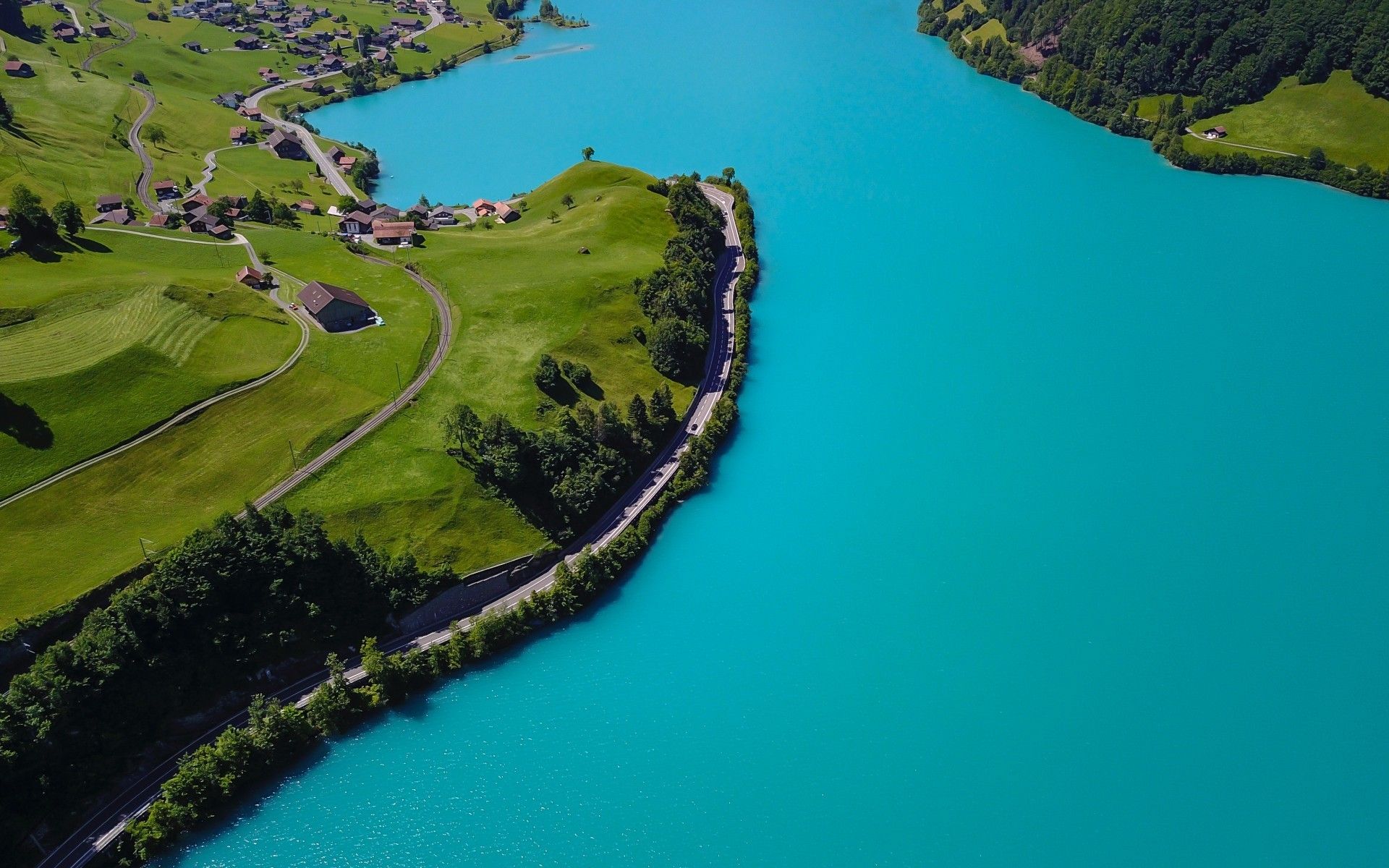 Download 1920x1200 Switzerland, Lake, Village, Blue Water, Top View, Green, Aerial View Wallpaper for MacBook Pro 17 inch