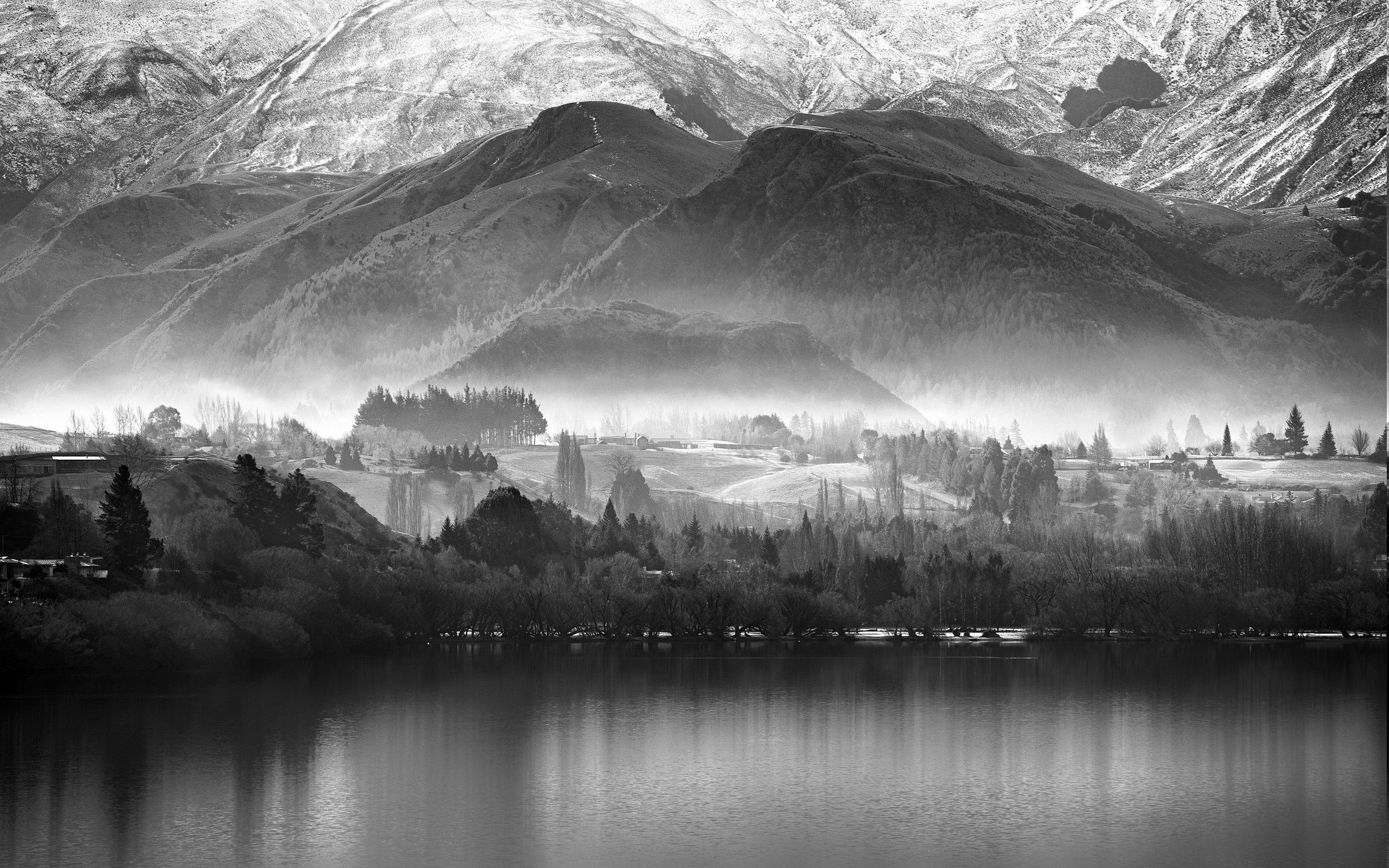 nature, Landscape, Snowy Peak, Monochrome, Forest, Mist, Mountain, Lake, Village, Morning, Water Wallpaper HD / Desktop and Mobile Background