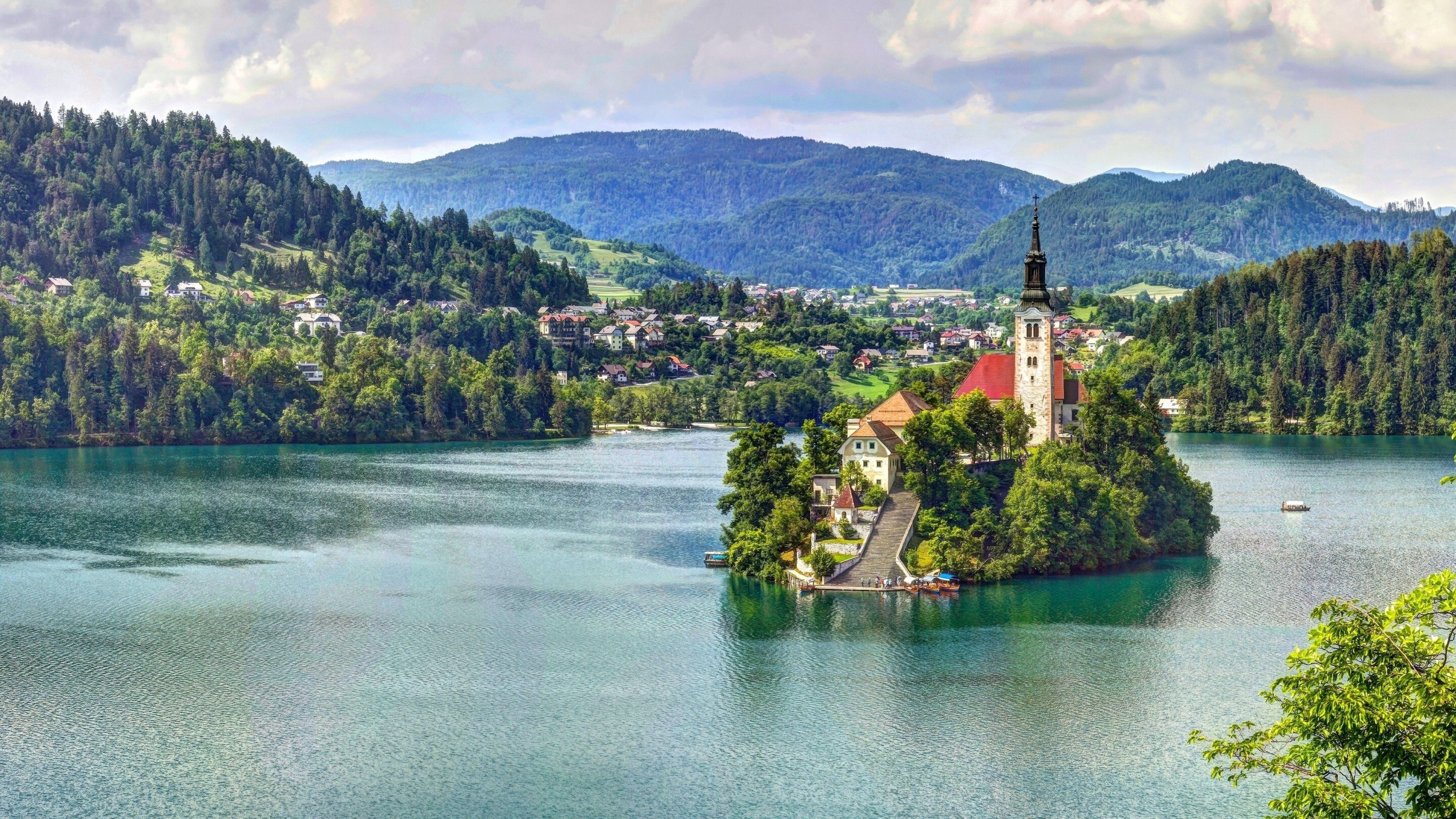 Download 3840x2160 Slovenia, Church, Lake, Village, Mountain, Trees Wallpaper for UHD TV