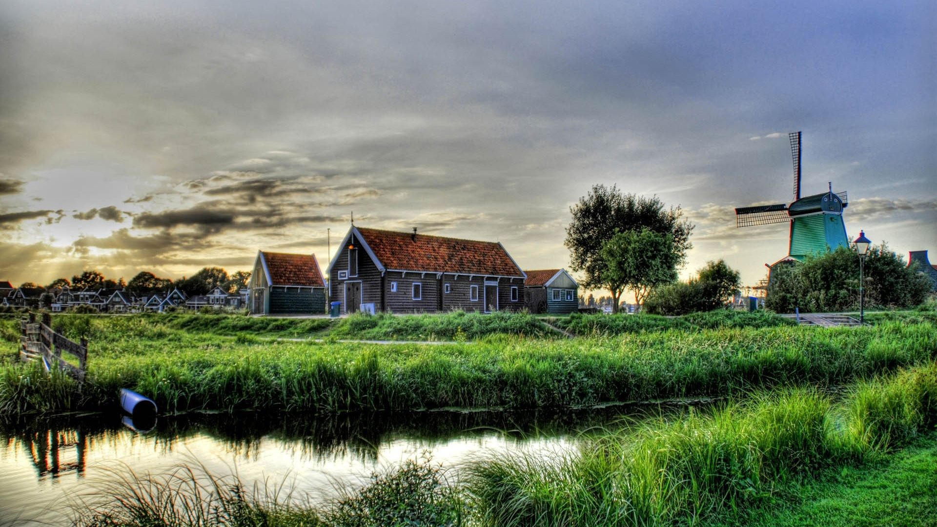 Download Wallpaper 1920x1080 village, mill, house, grass, lake, hdr Full HD 1080p HD Background