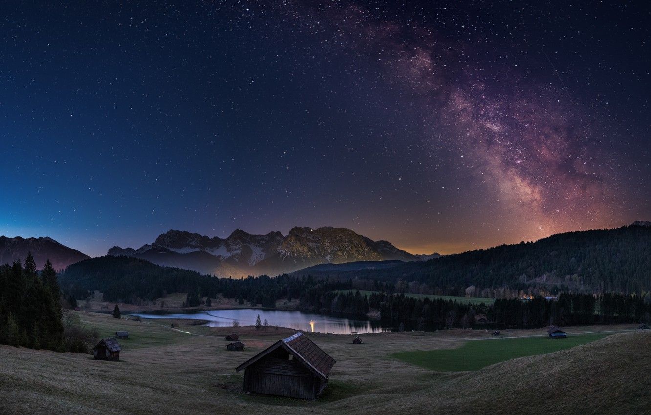 Wallpaper forest, stars, mountains, night, lake, Alps, The milky way, houses, starry sky, Alpine village image for desktop, section пейзажи