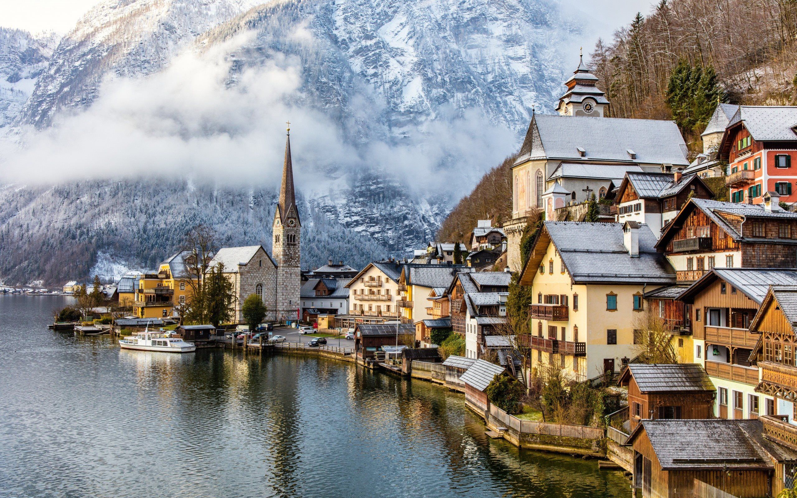Download wallpaper mountain, lake, village, Hallstatt, Austria, Lake Hallstatt, Alps for desktop with resolution 2560x1600. High Quality HD picture wallpaper