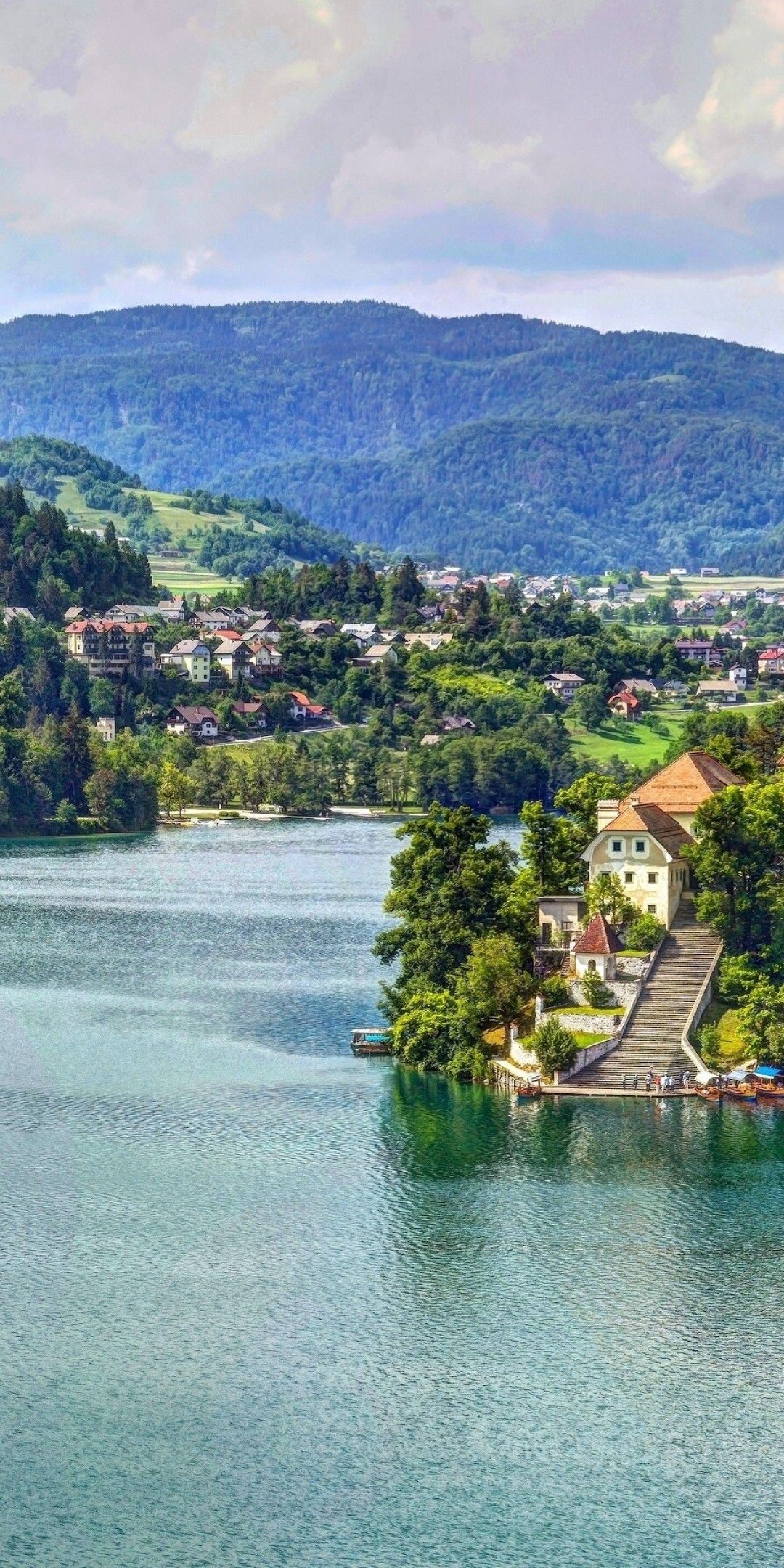 Download 1080x2160 Slovenia, Church, Lake, Village, Mountain, Trees Wallpaper for Huawei Mate 10
