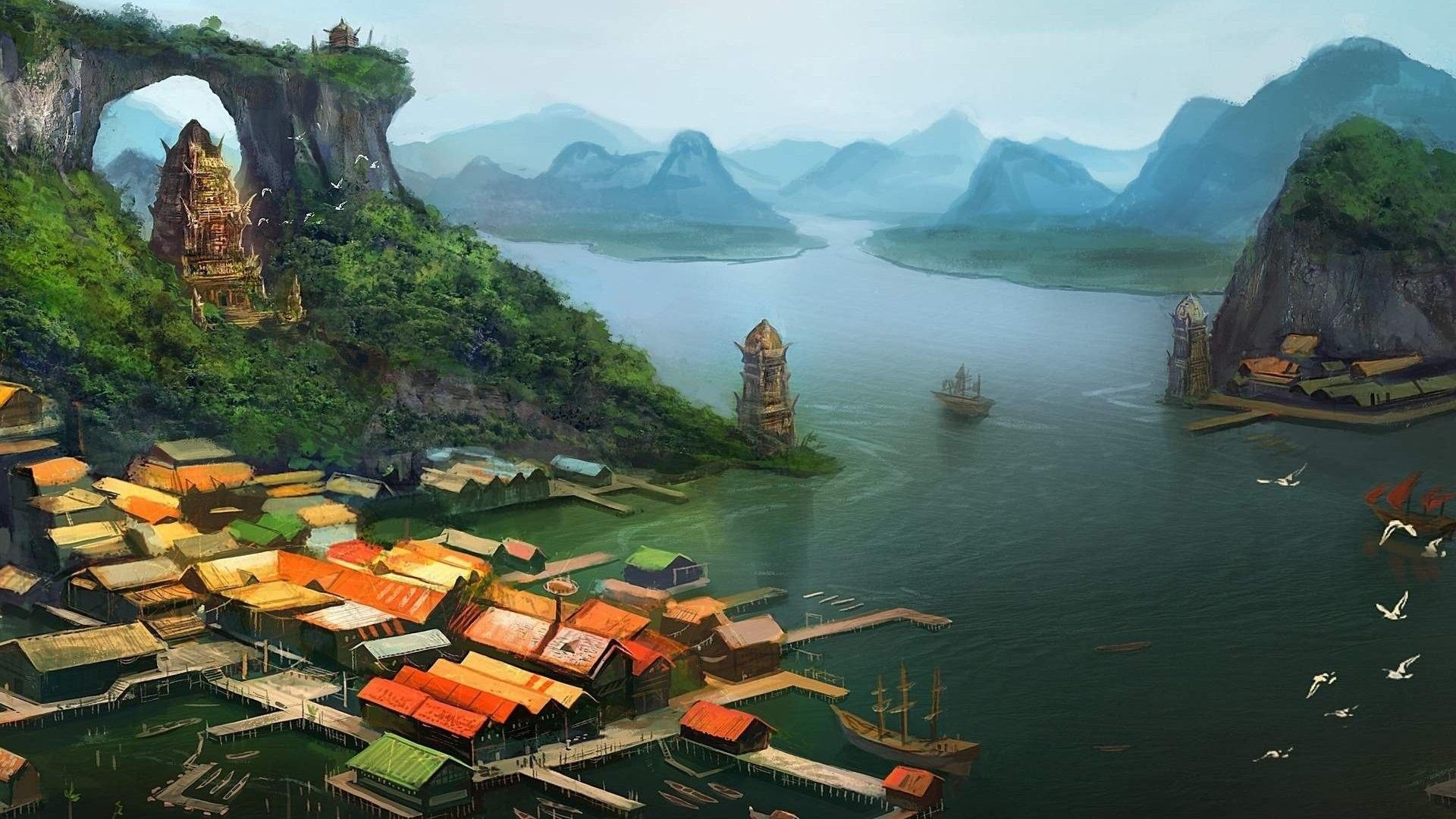 Lake, Ship, Architecture, digital, Tower, Trees, Artwork, Building, Mountains, Painting, Digital, Rooftops Fantasy, Architecture, Village, Ho