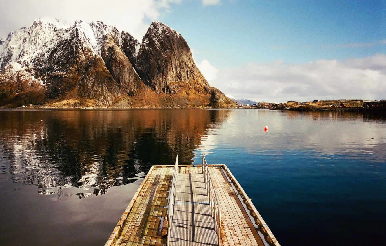 Wallpaper mountain, lake, village, reflection, pier, mirror, deck, peaks image for desktop, section пейзажи