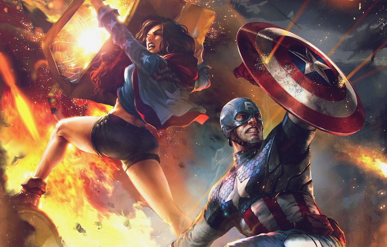 Wallpaper fire, flame, art, sparks, costume, shield, Marvel, comic, Captain America, superheroes, War of Heroes, America Chavez, Miss America image for desktop, section фантастика